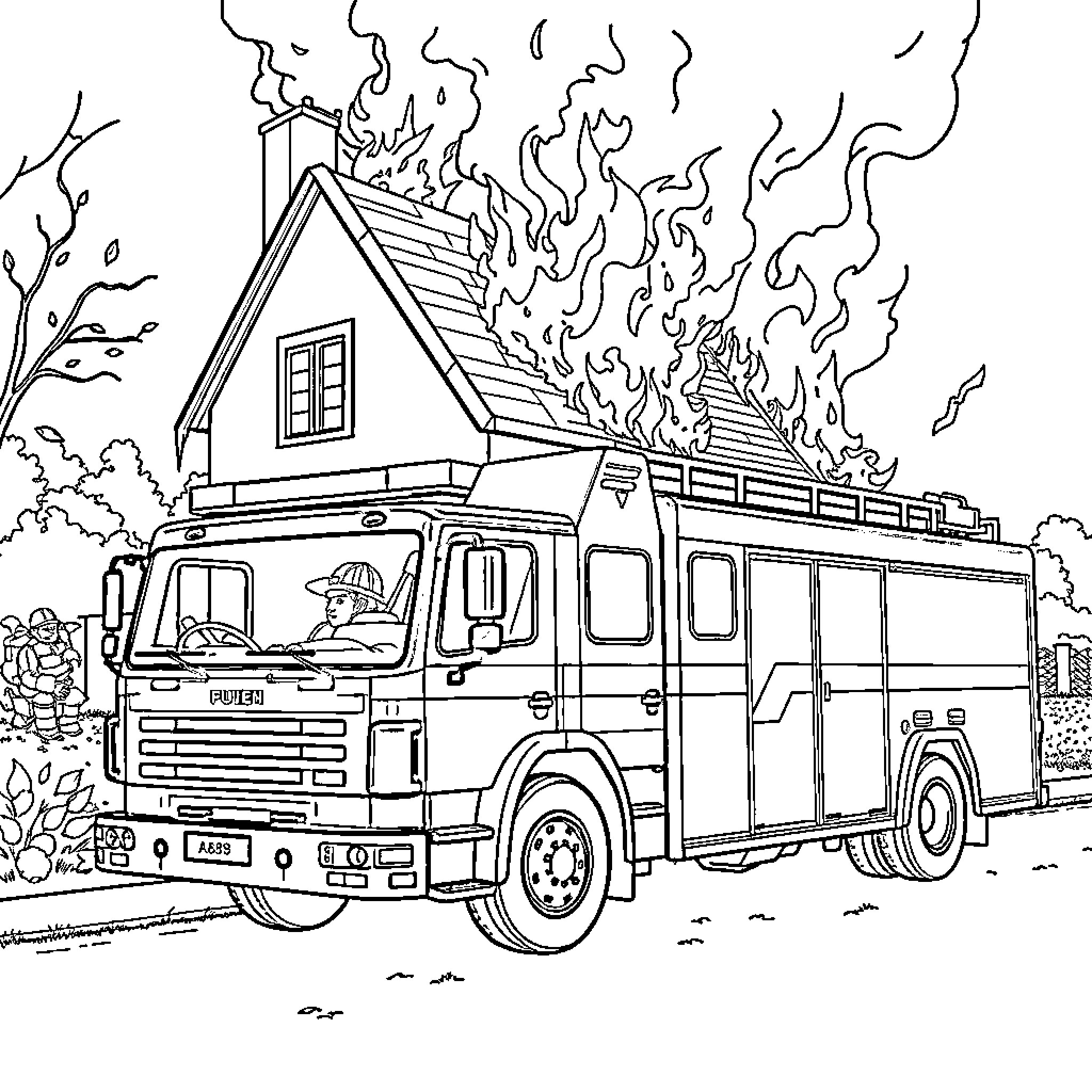 Firetruck rushing to extinguish burning house Coloring Page (free black-and-white line drawing printable PDF for all, from beginners to advanced learners, including children, teens, adults, and seniors)
