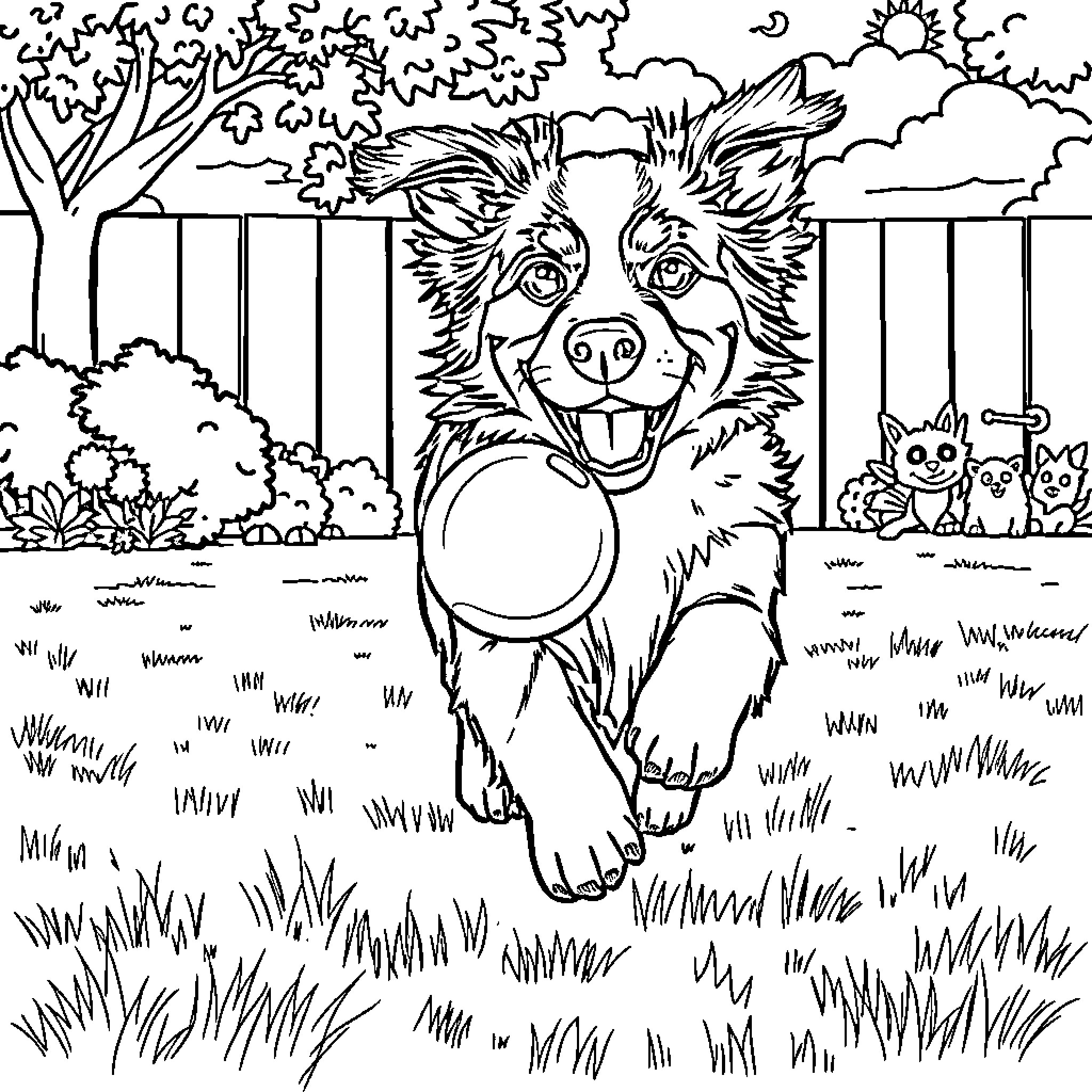 Aussie Pup Frolicking in Lush Backyard Coloring Page (free black-and-white line drawing printable PDF for all, from beginners to advanced learners, including children, teens, adults, and seniors)