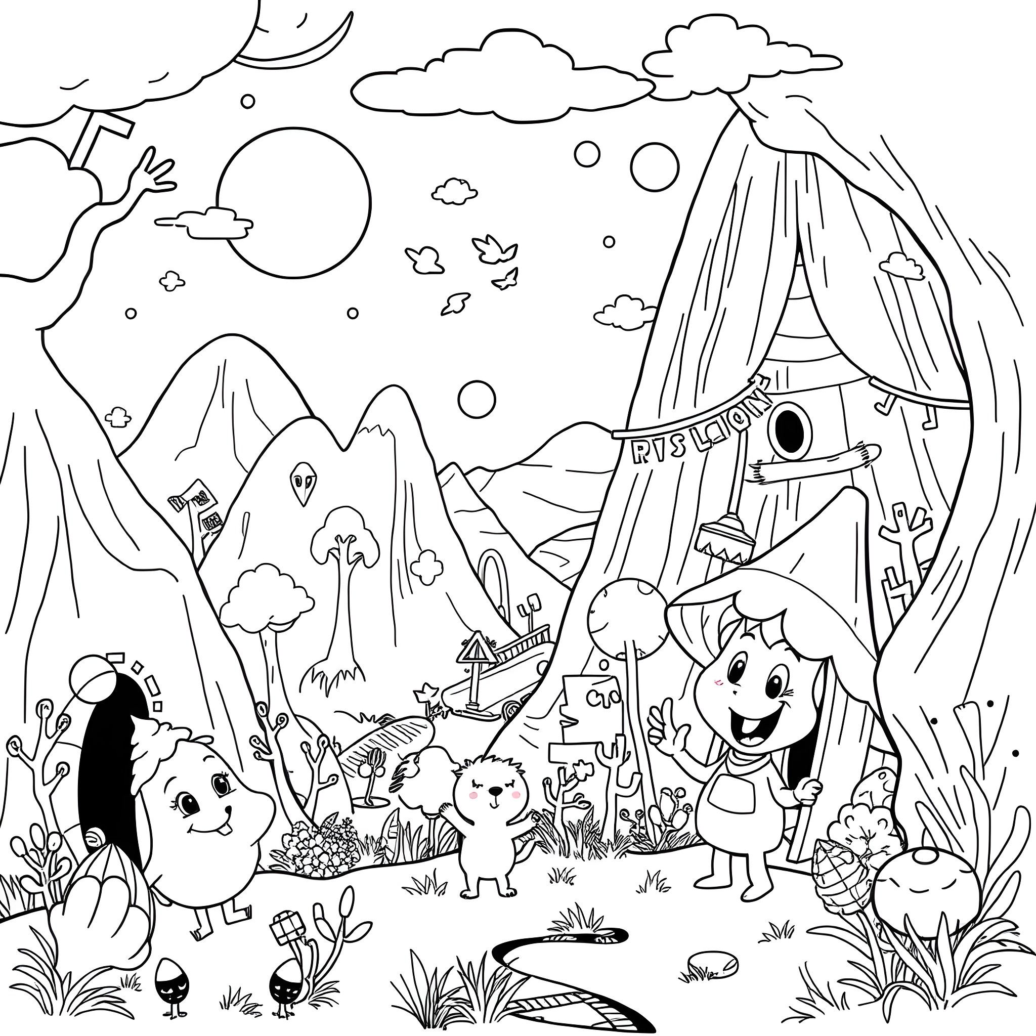 Cartoon characters exploring a fantastical landscape Coloring Page (free black-and-white line drawing printable PDF for all, from beginners to advanced learners, including children, teens, adults, and seniors)