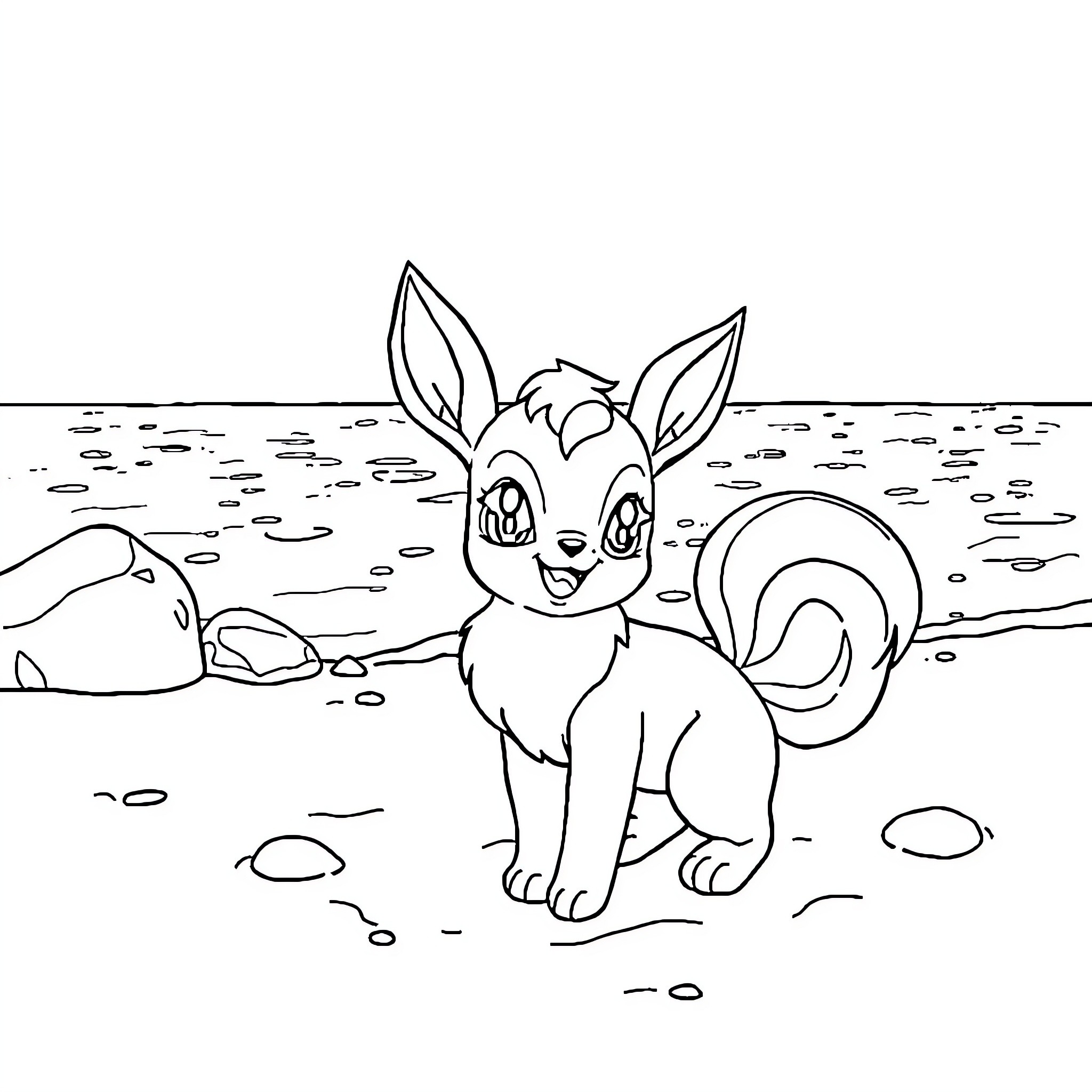Eevee exploring the outdoors happily Coloring Page (free black-and-white line drawing printable PDF for all, from beginners to advanced learners, including children, teens, adults, and seniors)