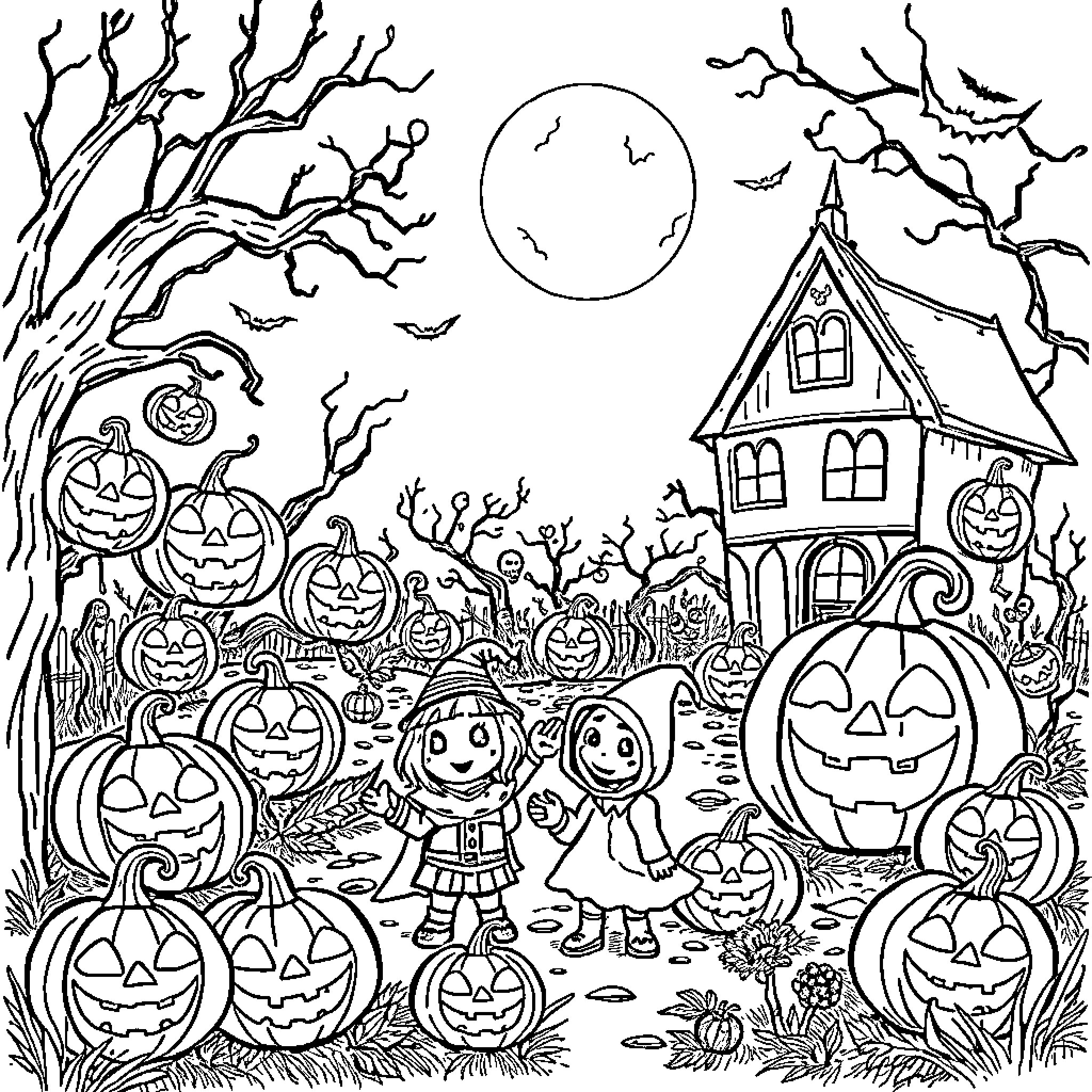 Halloween night with spooky house and pumpkins Coloring Page (free black-and-white line drawing printable PDF for all, from beginners to advanced learners, including children, teens, adults, and seniors)