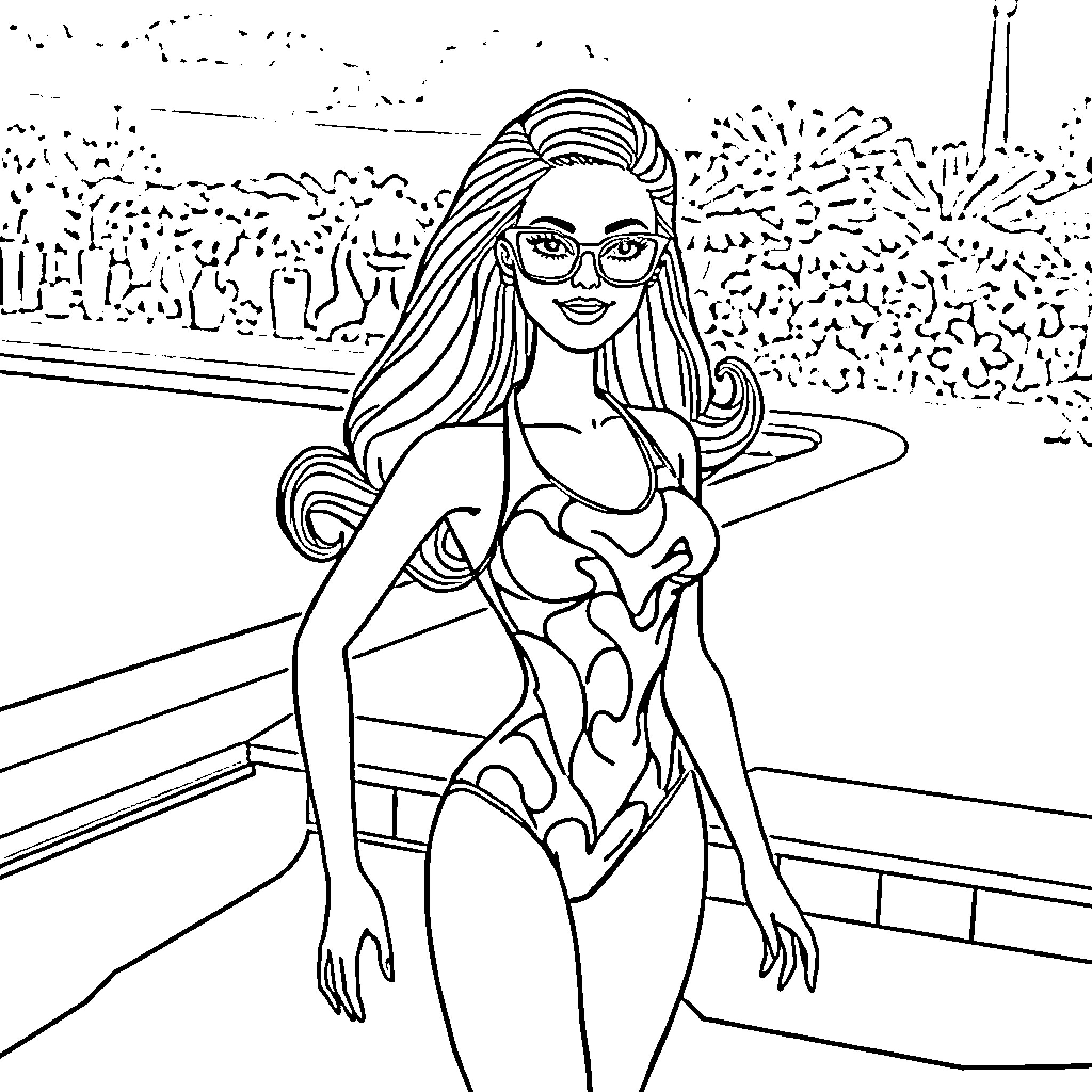 Barbie enjoys a sunny day at the pool Coloring Page (free black-and-white line drawing printable PDF for all, from beginners to advanced learners, including children, teens, adults, and seniors)