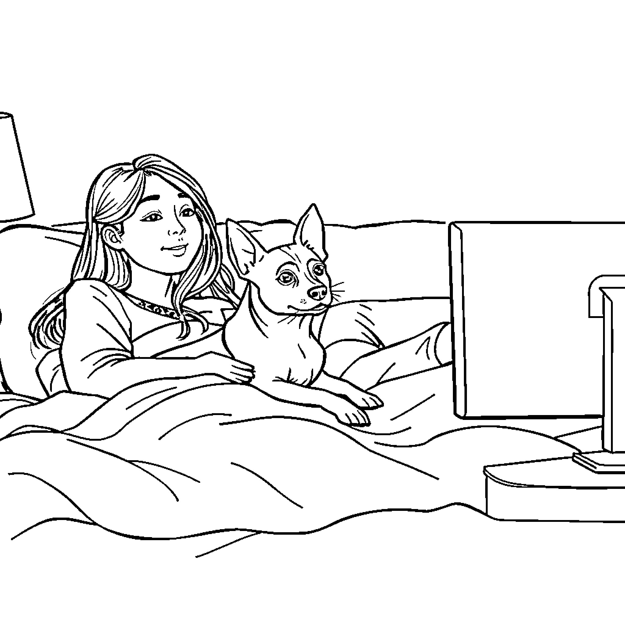 Dog relaxing with owner on couch Coloring Page (free black-and-white line drawing printable PDF for all, from beginners to advanced learners, including children, teens, adults, and seniors)