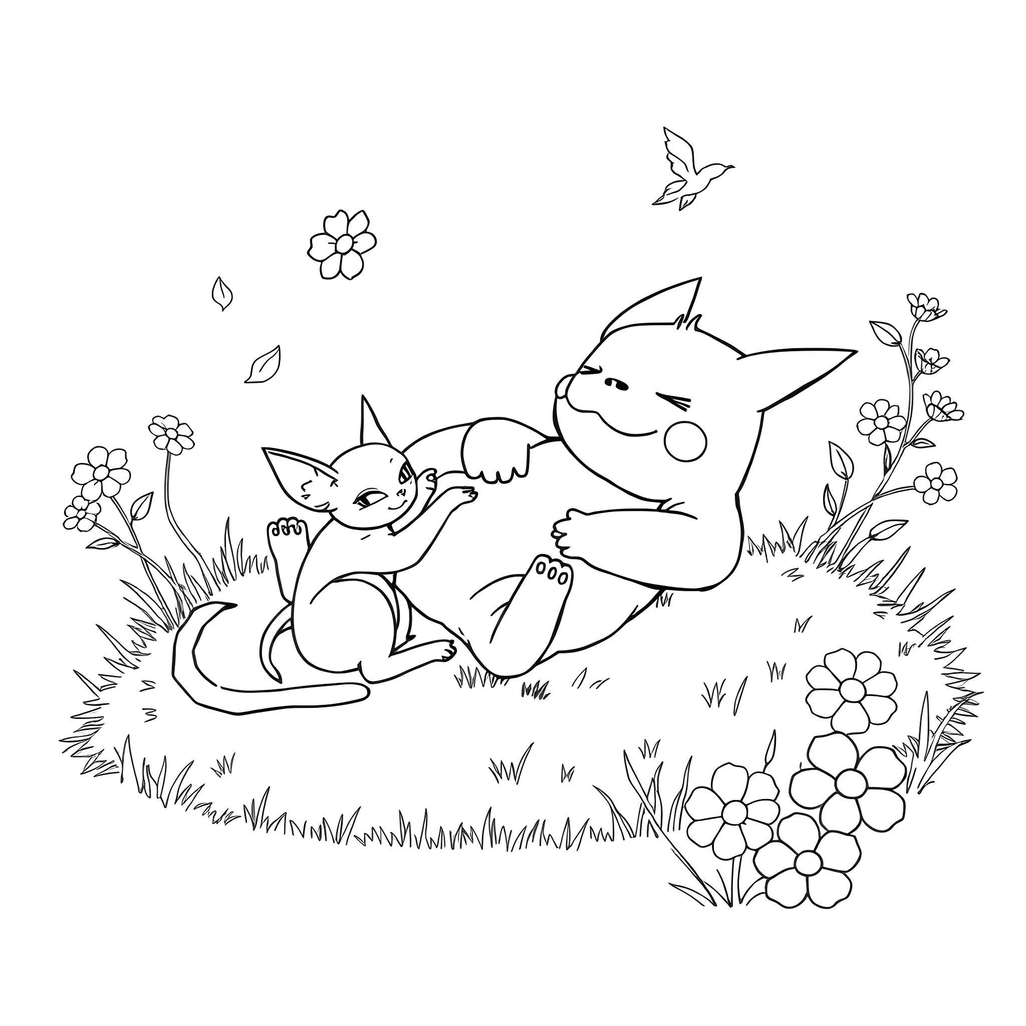 Snorlax enjoying nature with their friends Coloring Page (free black-and-white line drawing printable PDF for all, from beginners to advanced learners, including children, teens, adults, and seniors)