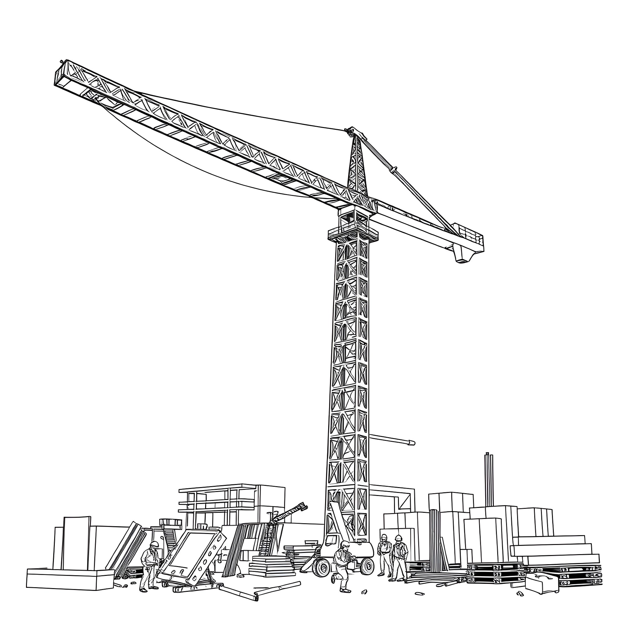 Lattice Boom Crane Lifting Construction Materials Coloring Page (free black-and-white line drawing printable PDF for all, from beginners to advanced learners, including children, teens, adults, and seniors)