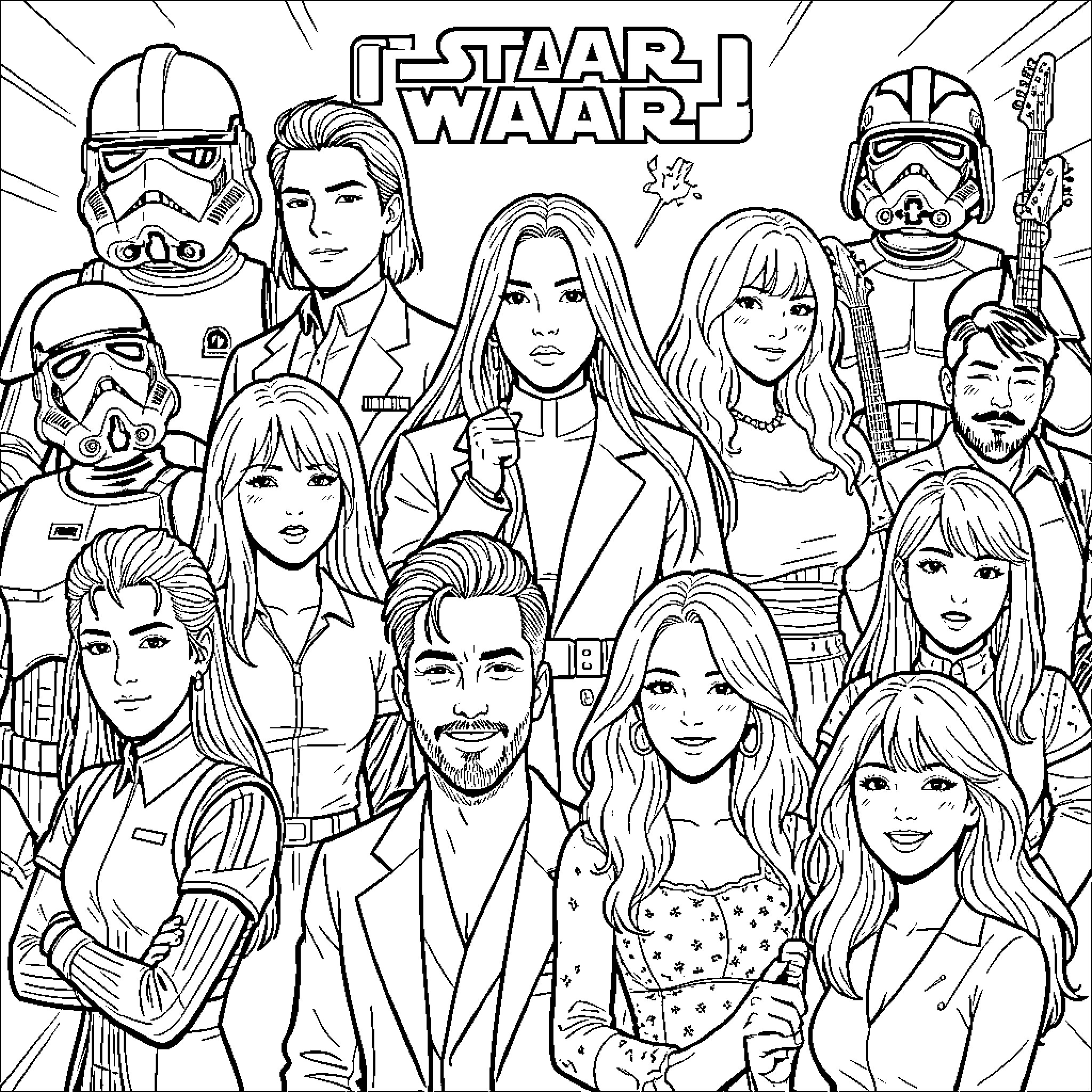 Star Wars characters posing together in a group portrait Coloring Page (free black-and-white line drawing printable PDF for all, from beginners to advanced learners, including children, teens, adults, and seniors)