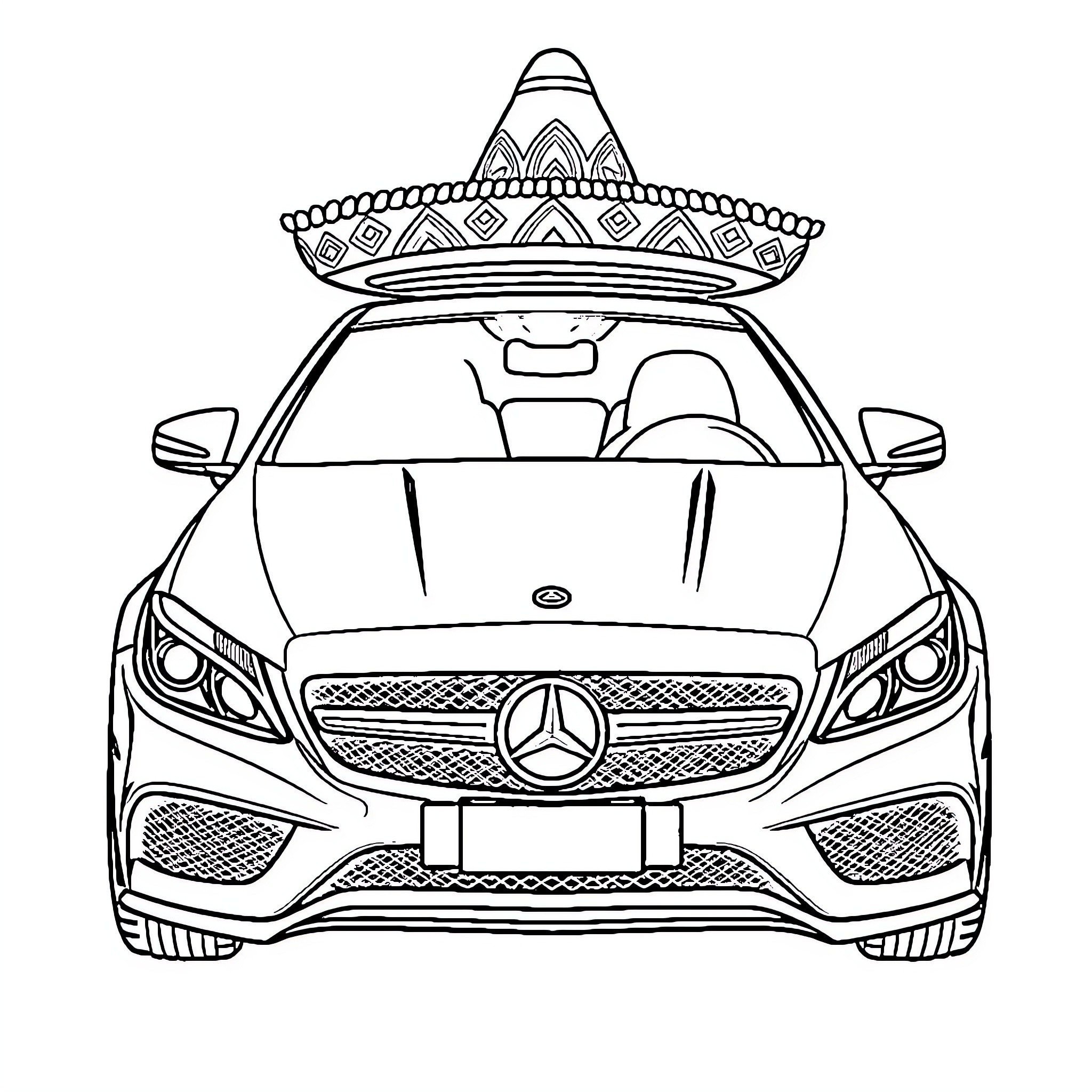 Mercedes car with ornate sombrero hat Coloring Page (free black-and-white line drawing printable PDF for all, from beginners to advanced learners, including children, teens, adults, and seniors)