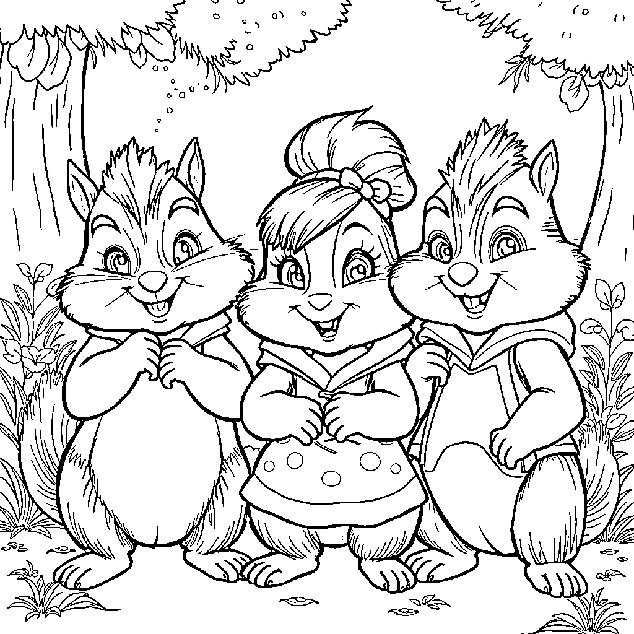 Chipmunk trio enjoying a playful moment in the forest Coloring Page (free black-and-white line drawing printable PDF for all, from beginners to advanced learners, including children, teens, adults, and seniors)