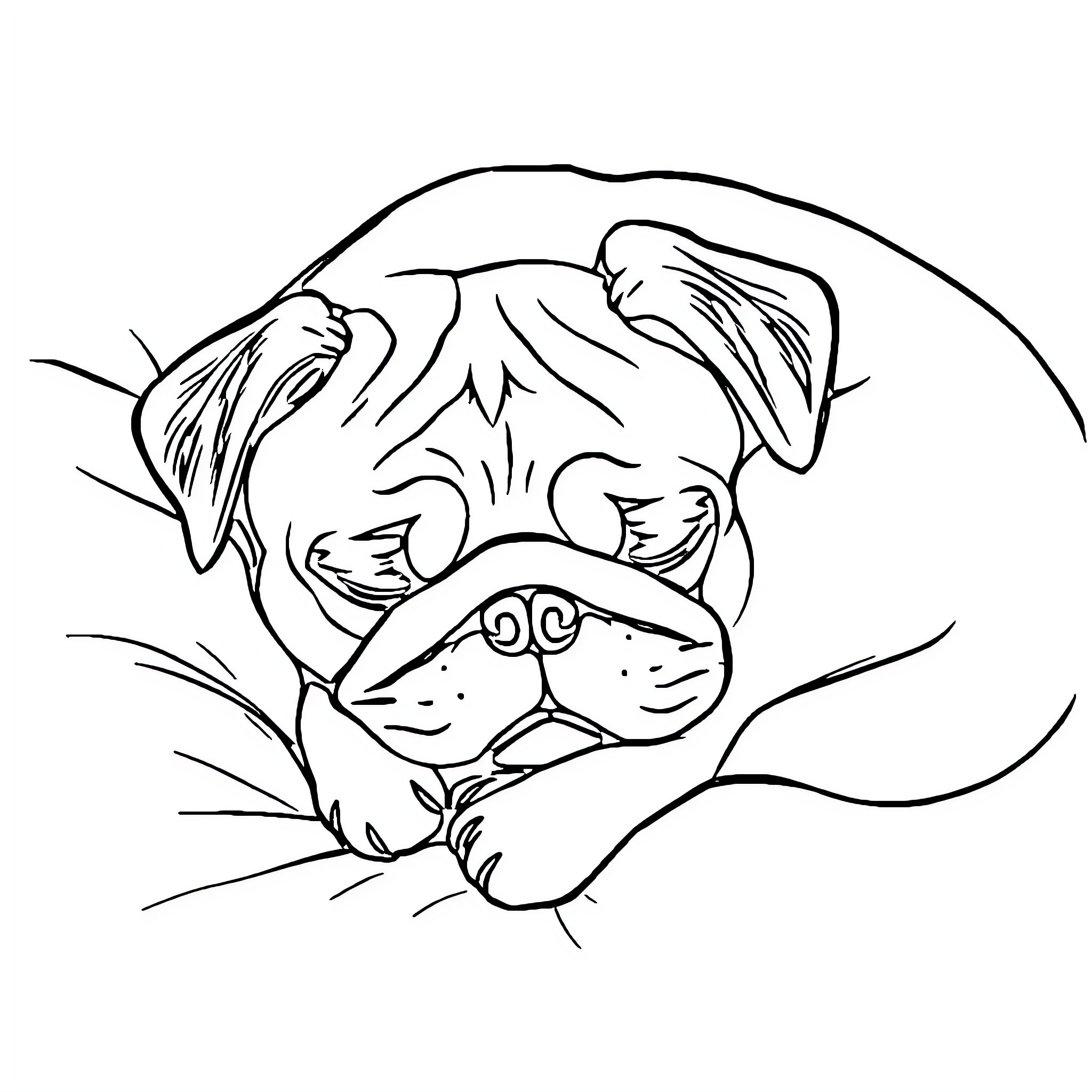 Pug curled up sleeping peacefully Coloring Page (free black-and-white line drawing printable PDF for all, from beginners to advanced learners, including children, teens, adults, and seniors)