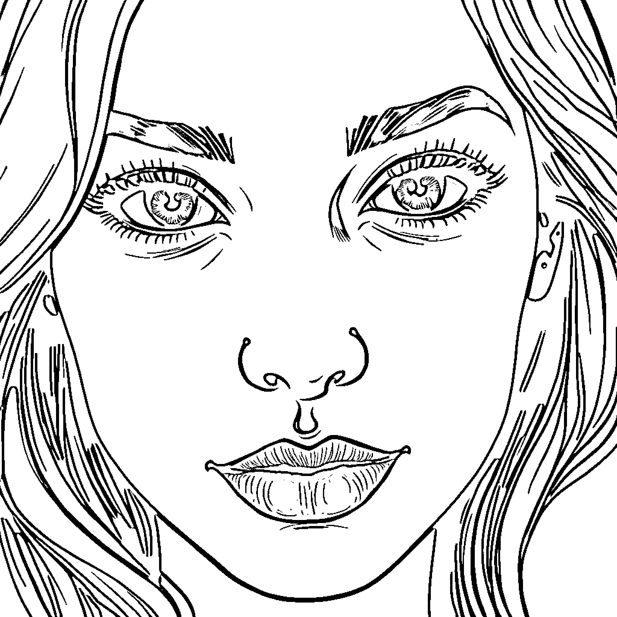 Woman's Expressive Face in Sketch Style Coloring Page (free black-and-white line drawing printable PDF for all, from beginners to advanced learners, including children, teens, adults, and seniors)