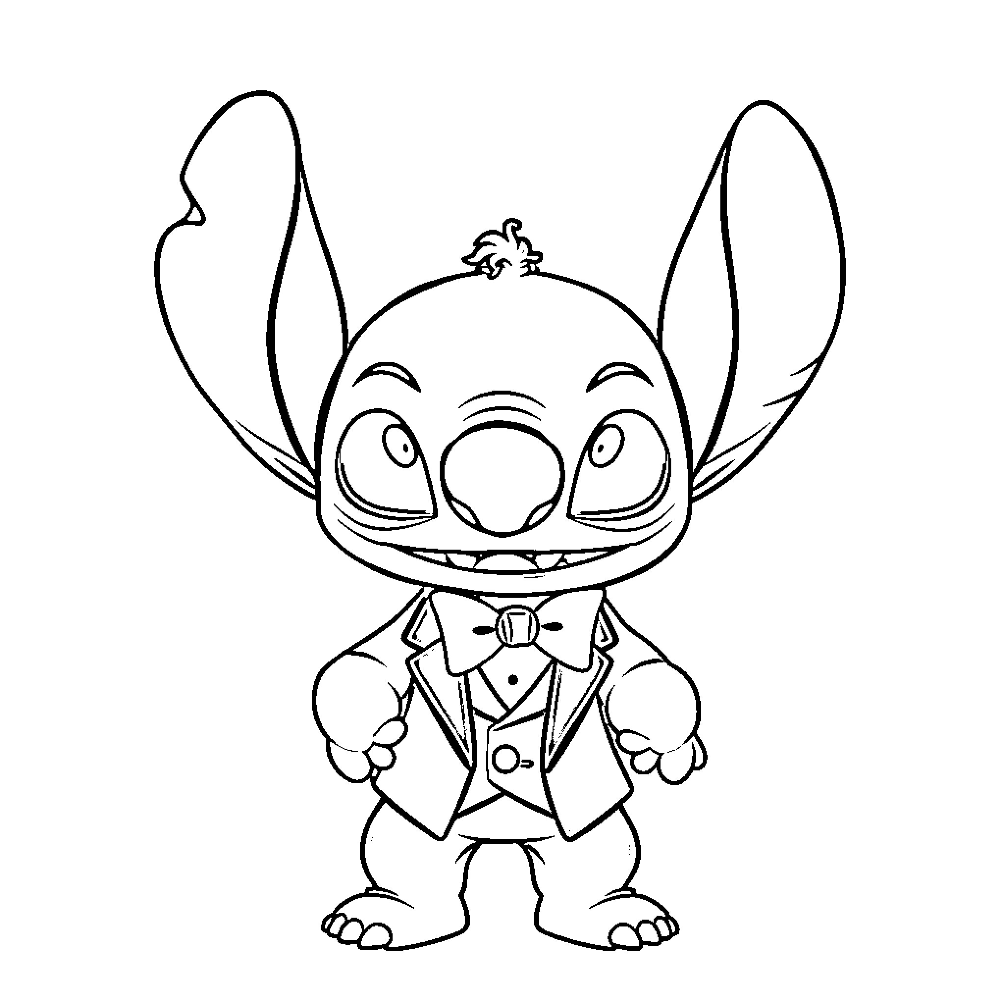 Stitch dressed up in formal attire Coloring Page (free black-and-white line drawing printable PDF for all, from beginners to advanced learners, including children, teens, adults, and seniors)
