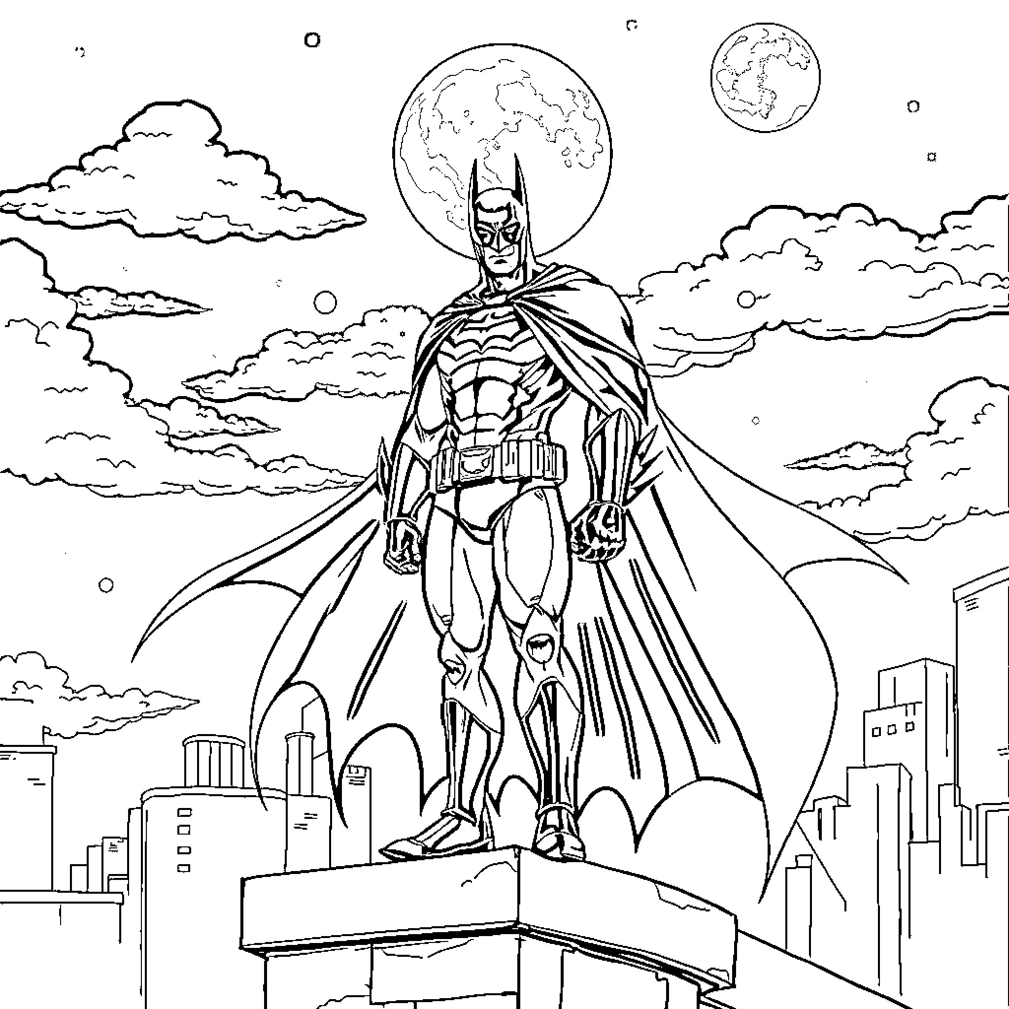 Batman Overlooking the Nighttime City Skyline Coloring Page (free black-and-white line drawing printable PDF for all, from beginners to advanced learners, including children, teens, adults, and seniors)