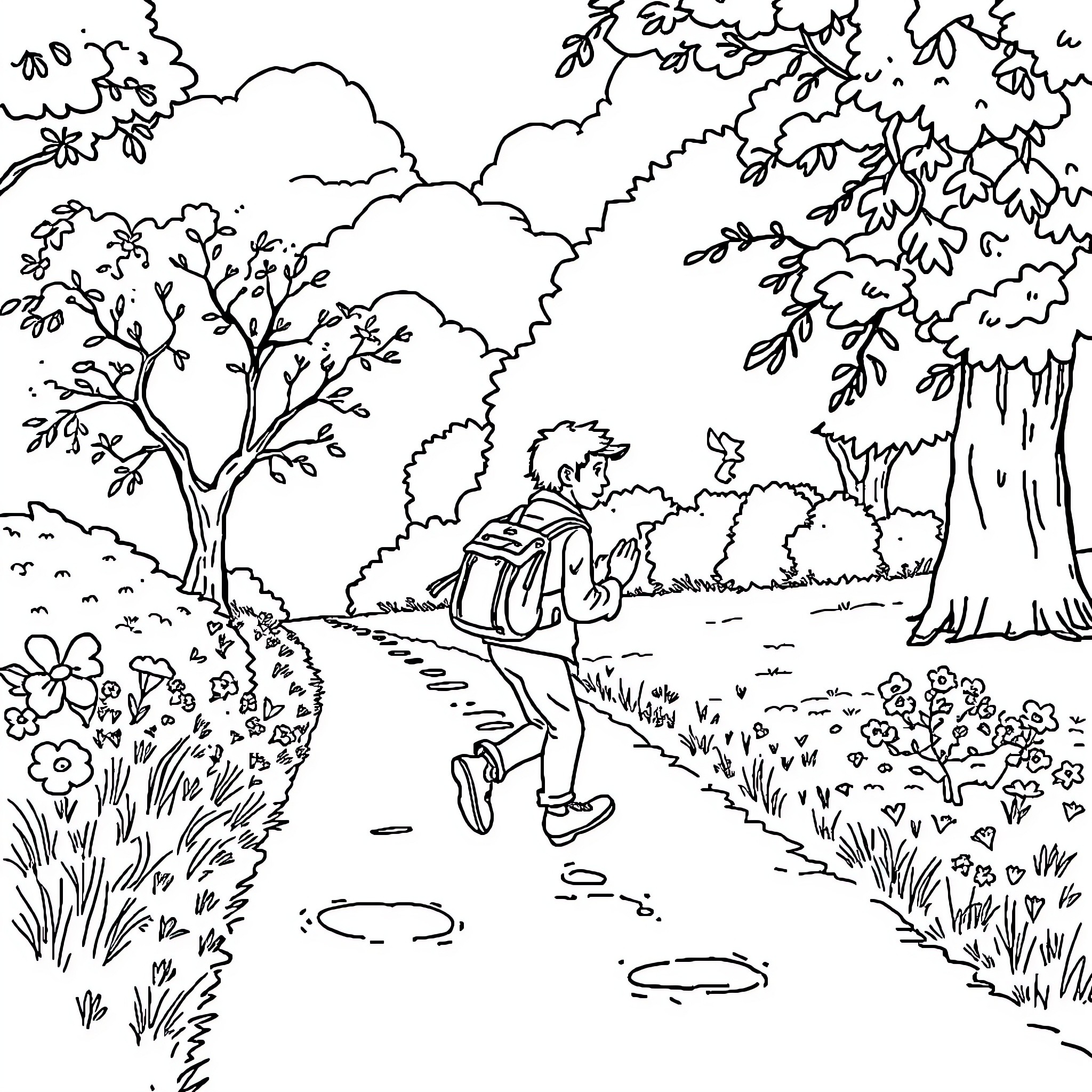 Boy exploring nature on a hiking trail Coloring Page (free black-and-white line drawing printable PDF for all, from beginners to advanced learners, including children, teens, adults, and seniors)