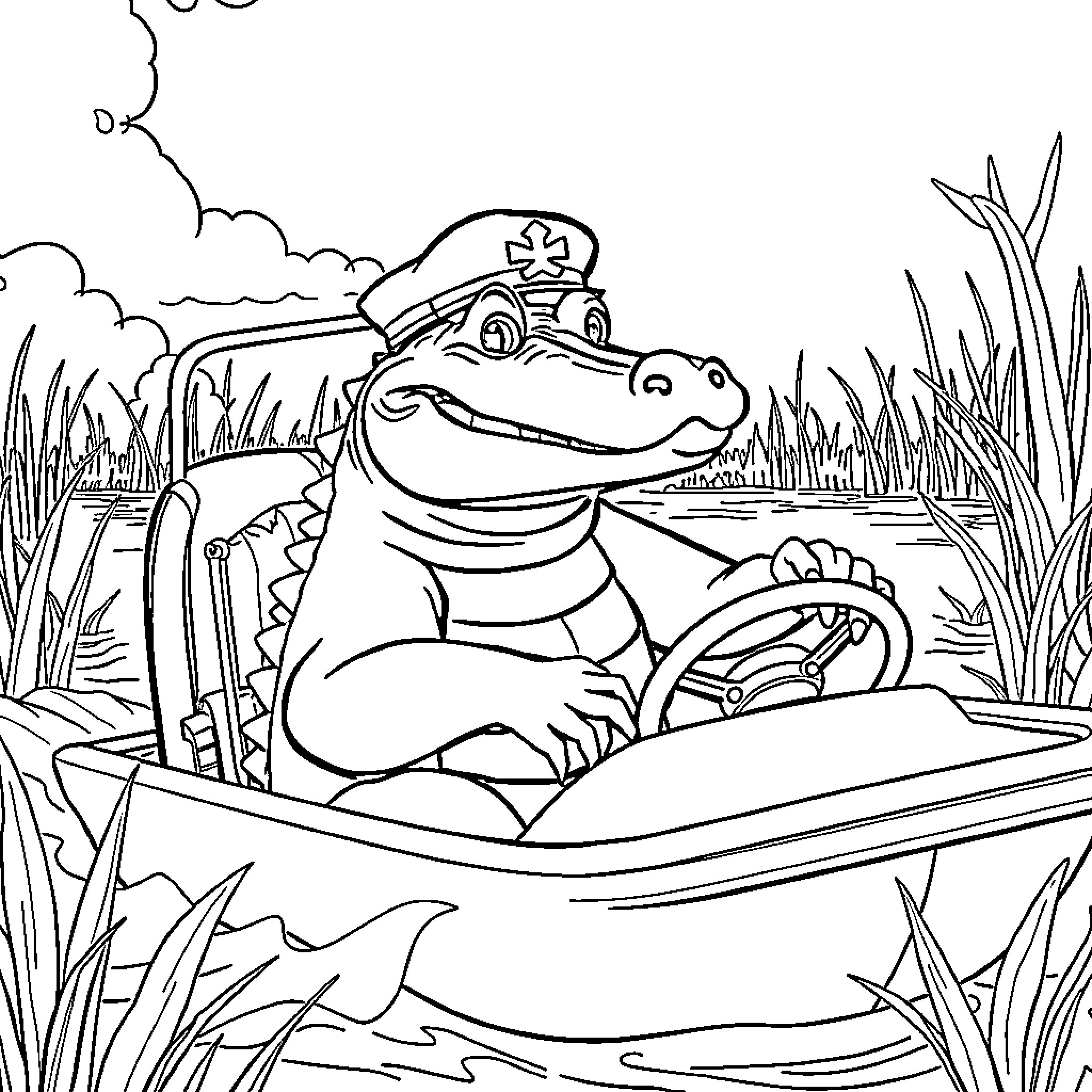 Gator Sailing Peacefully in Boat Coloring Page (free black-and-white line drawing printable PDF for all, from beginners to advanced learners, including children, teens, adults, and seniors)