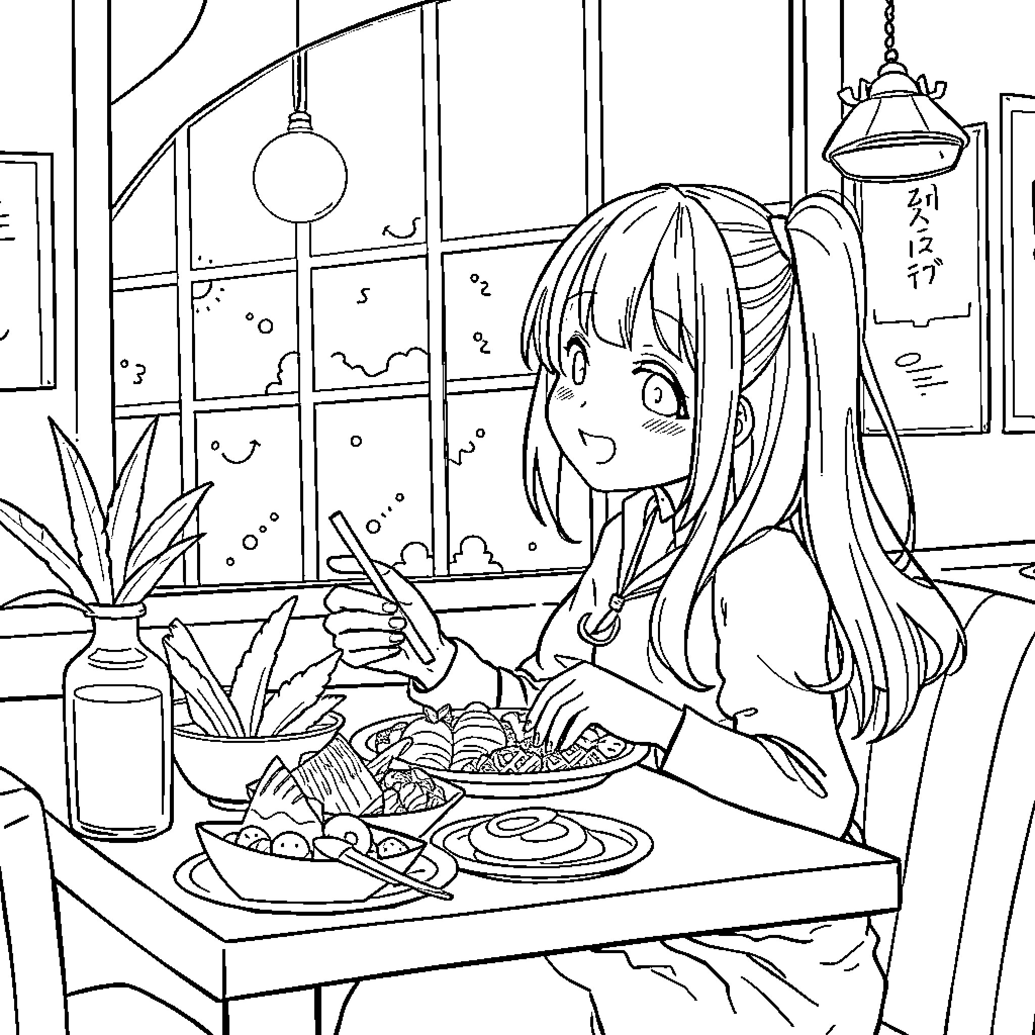 Anime Girl Enjoying a Hearty Meal in a Cozy Home Coloring Page (free black-and-white line drawing printable PDF for all, from beginners to advanced learners, including children, teens, adults, and seniors)