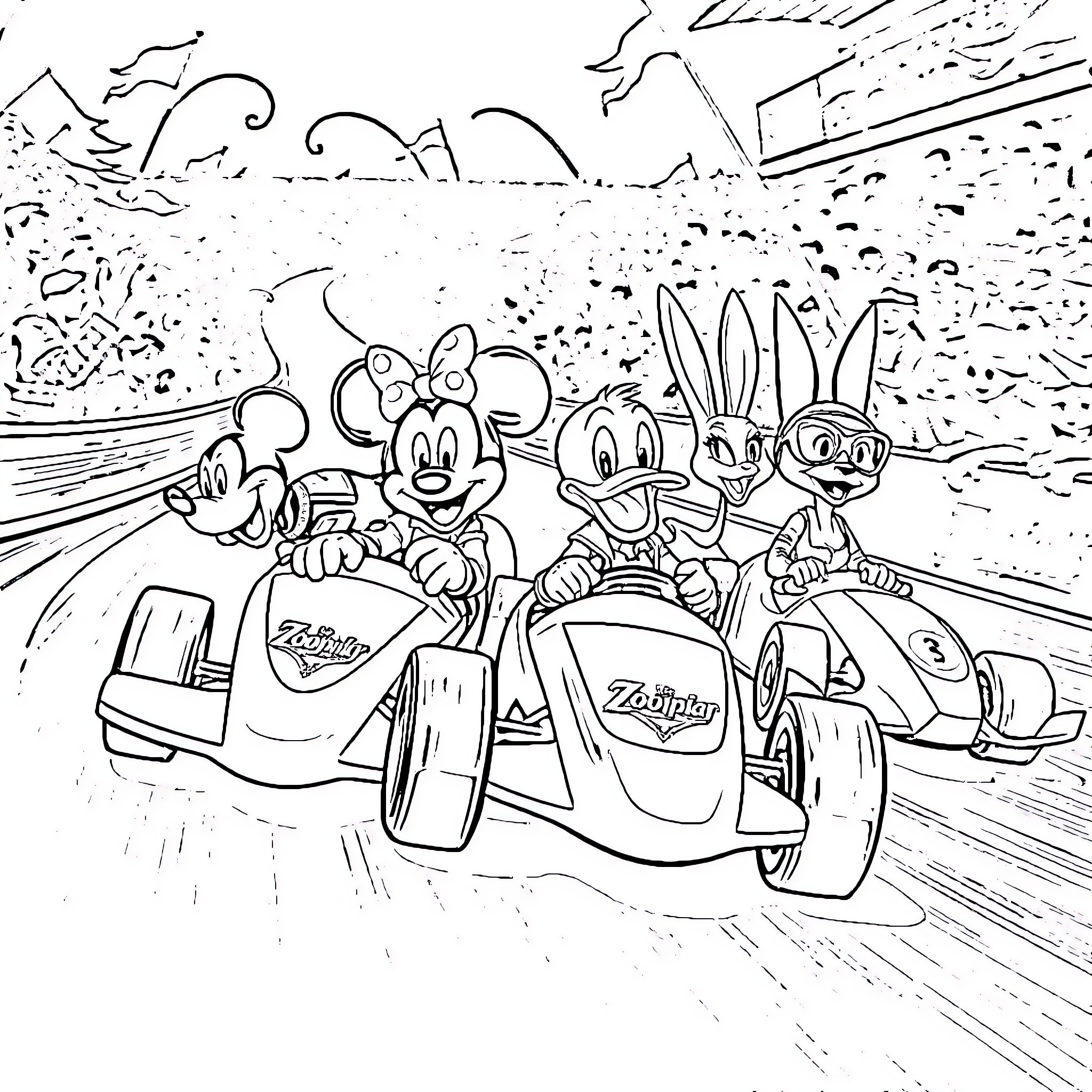 Race Car Riders Enjoy a Thrilling Cartoon Adventure Coloring Page (free black-and-white line drawing printable PDF for all, from beginners to advanced learners, including children, teens, adults, and seniors)