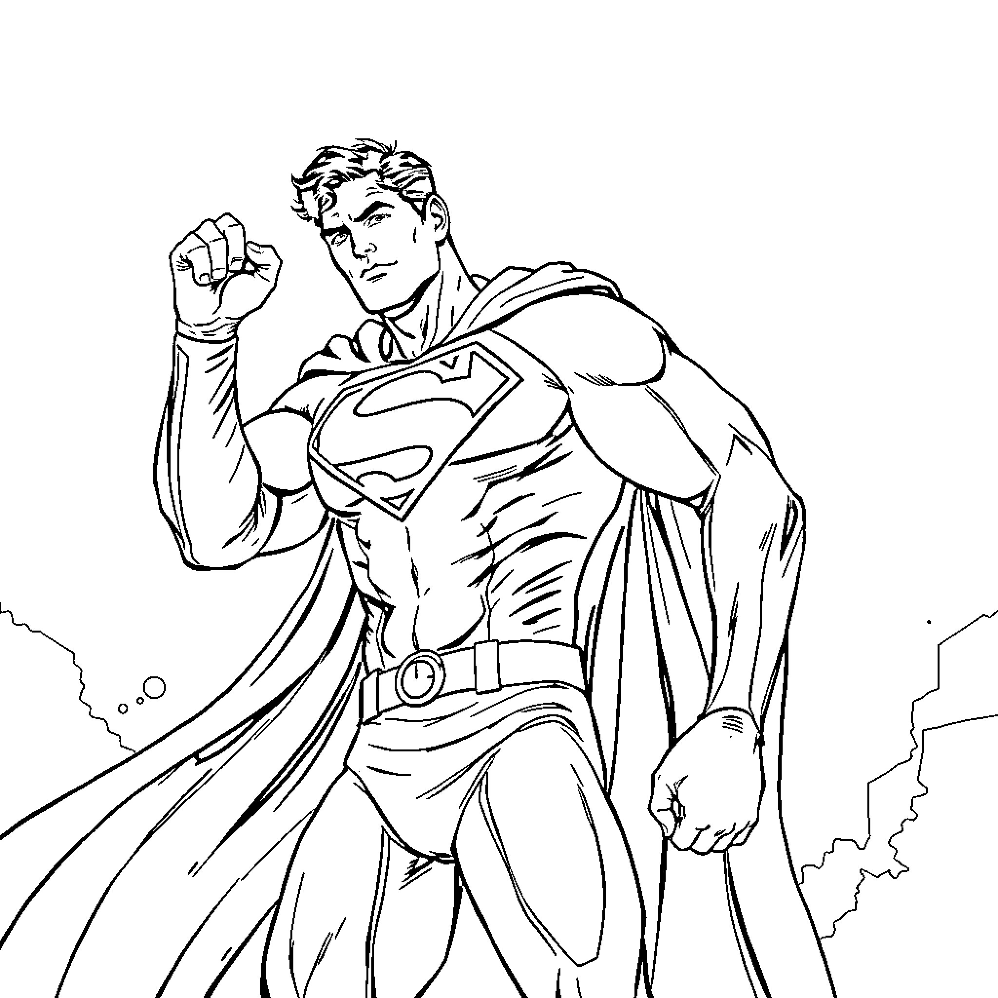Superman's heroic pose against cityscape Coloring Page (free black-and-white line drawing printable PDF for all, from beginners to advanced learners, including children, teens, adults, and seniors)