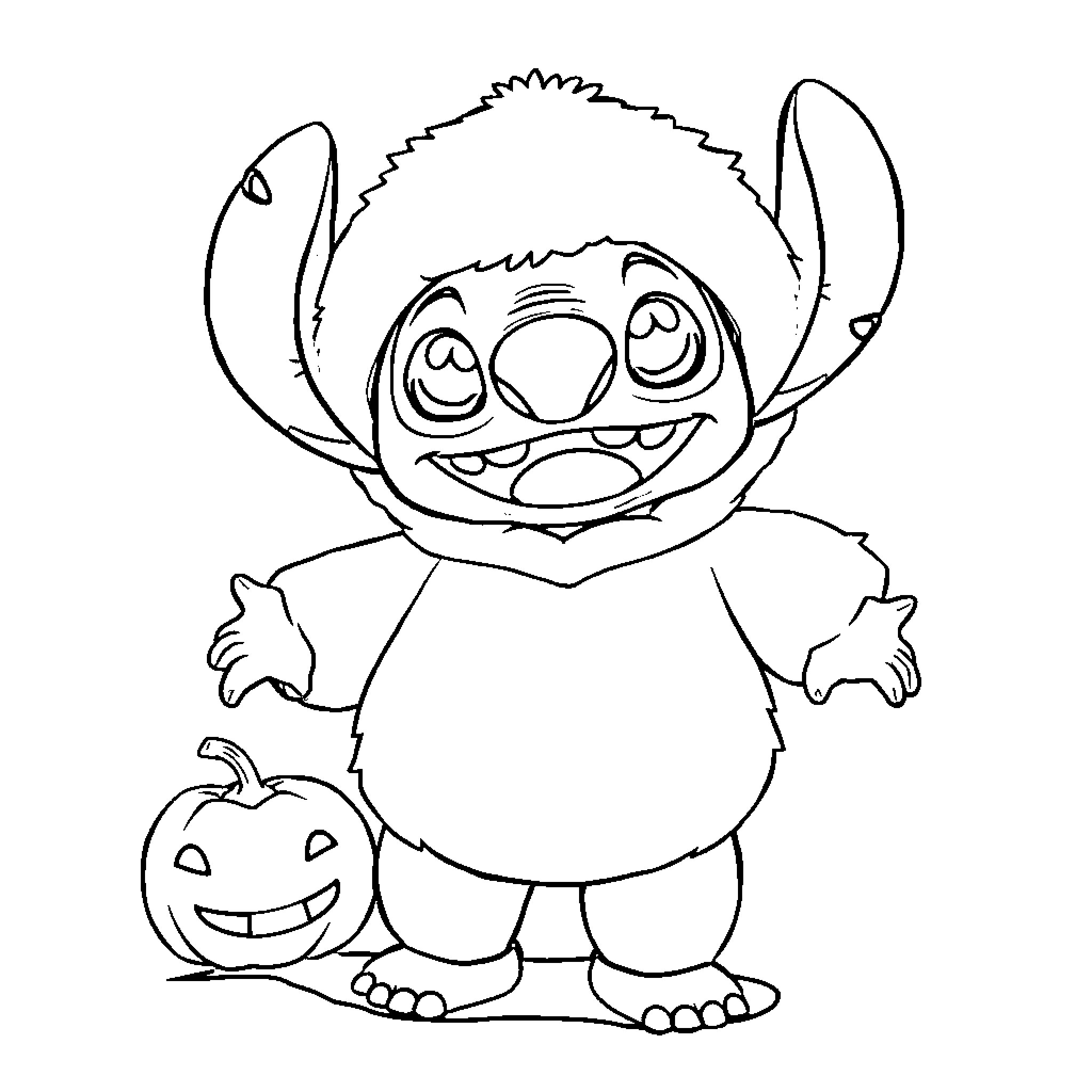 Stitch posing with a pumpkin Coloring Page (free black-and-white line drawing printable PDF for all, from beginners to advanced learners, including children, teens, adults, and seniors)