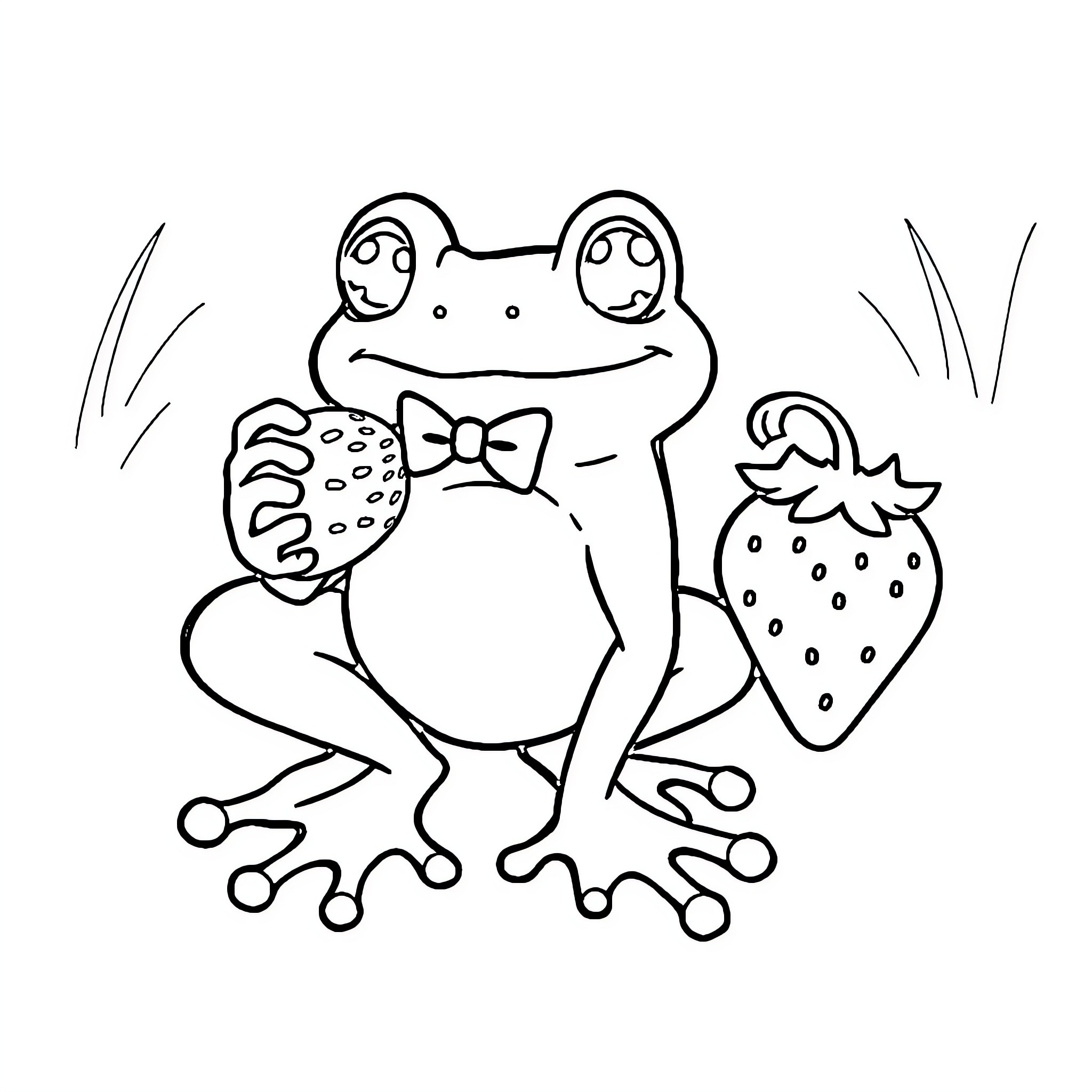 Frog wearing a bowtie holding a strawberry Coloring Page (free black-and-white line drawing printable PDF for all, from beginners to advanced learners, including children, teens, adults, and seniors)