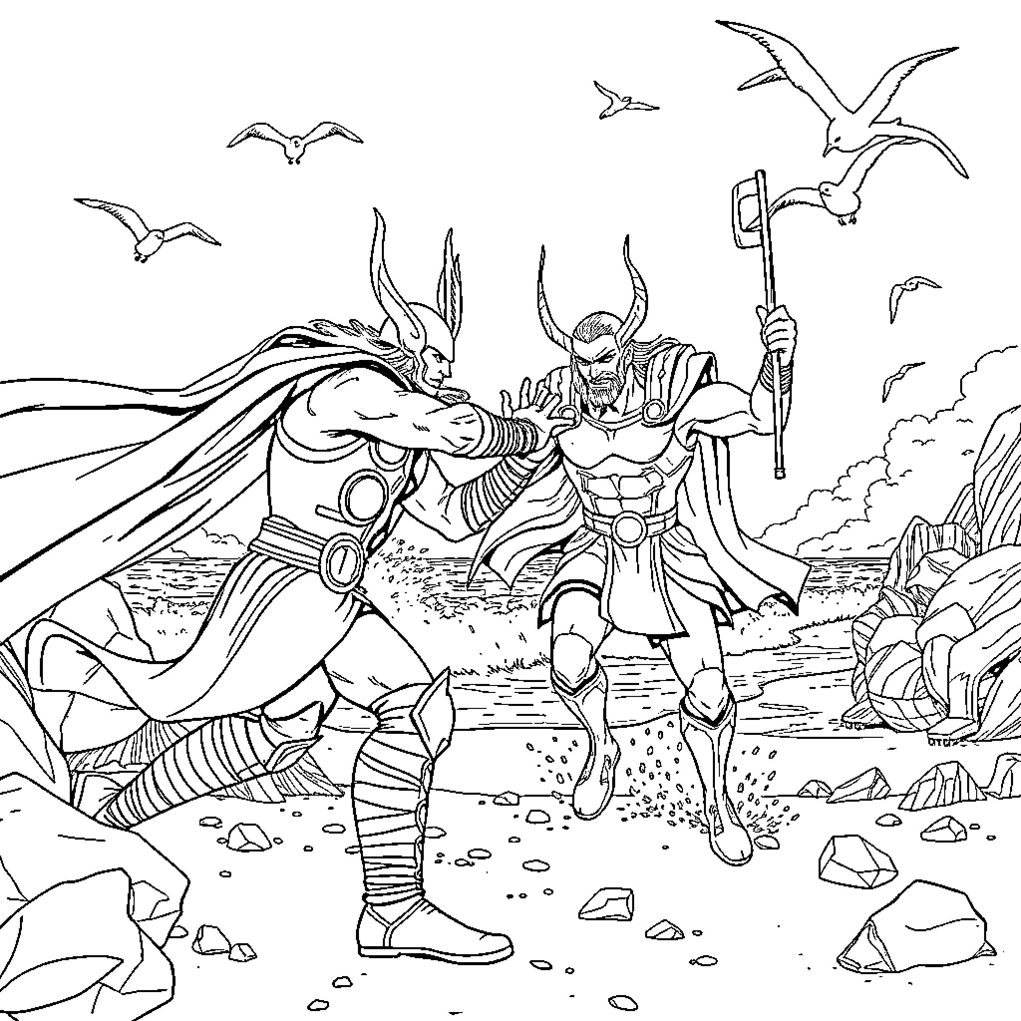 Thor's Fierce Battle with Monstrous Foes Coloring Page (free black-and-white line drawing printable PDF for all, from beginners to advanced learners, including children, teens, adults, and seniors)