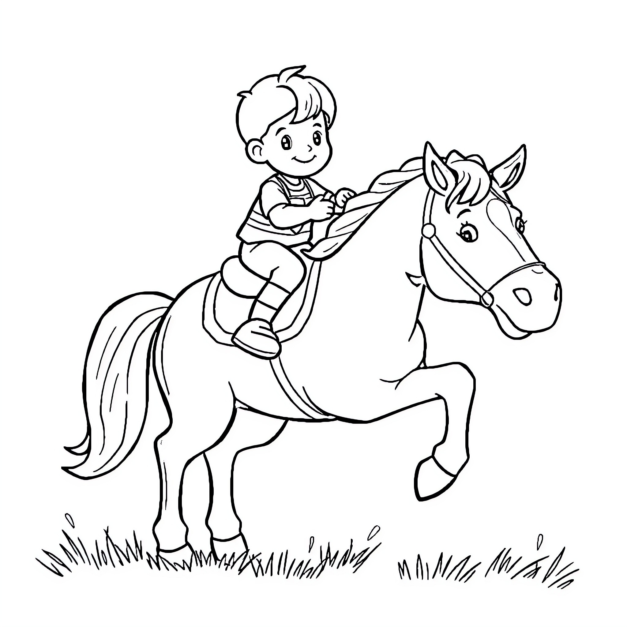 Bronco riding joyful boy on a horse Coloring Page (free black-and-white line drawing printable PDF for all, from beginners to advanced learners, including children, teens, adults, and seniors)