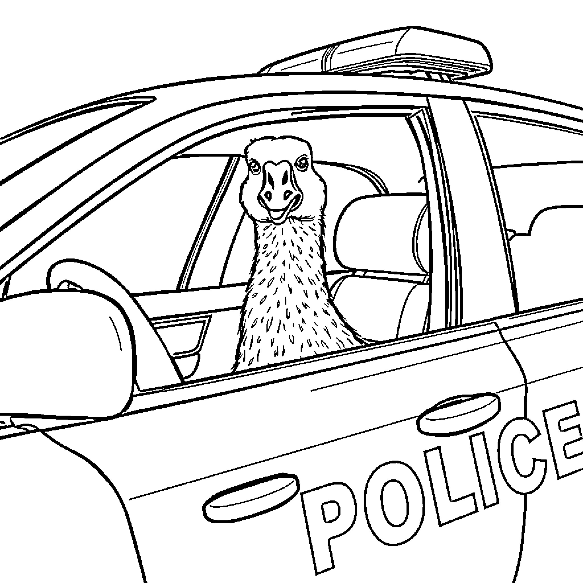 Goose riding in a police car Coloring Page (free black-and-white line drawing printable PDF for all, from beginners to advanced learners, including children, teens, adults, and seniors)