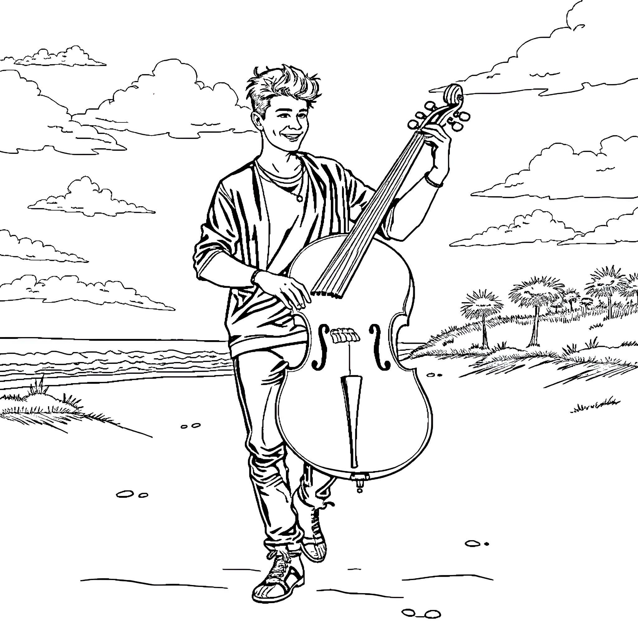 Justin Bieber playing cello in a scenic landscape Coloring Page (free black-and-white line drawing printable PDF for all, from beginners to advanced learners, including children, teens, adults, and seniors)