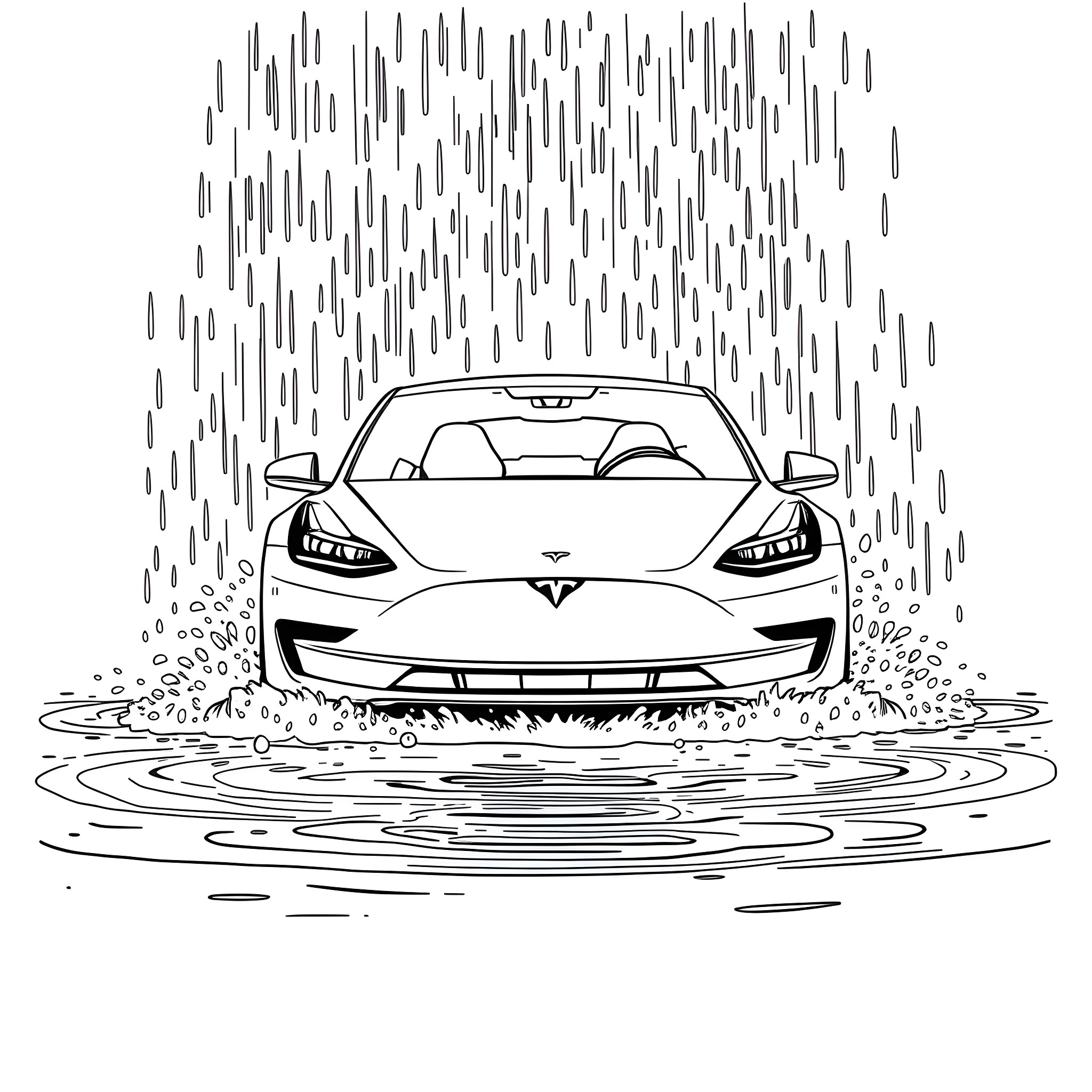 Tesla electric car driving through heavy rain Coloring Page (free black-and-white line drawing printable PDF for all, from beginners to advanced learners, including children, teens, adults, and seniors)