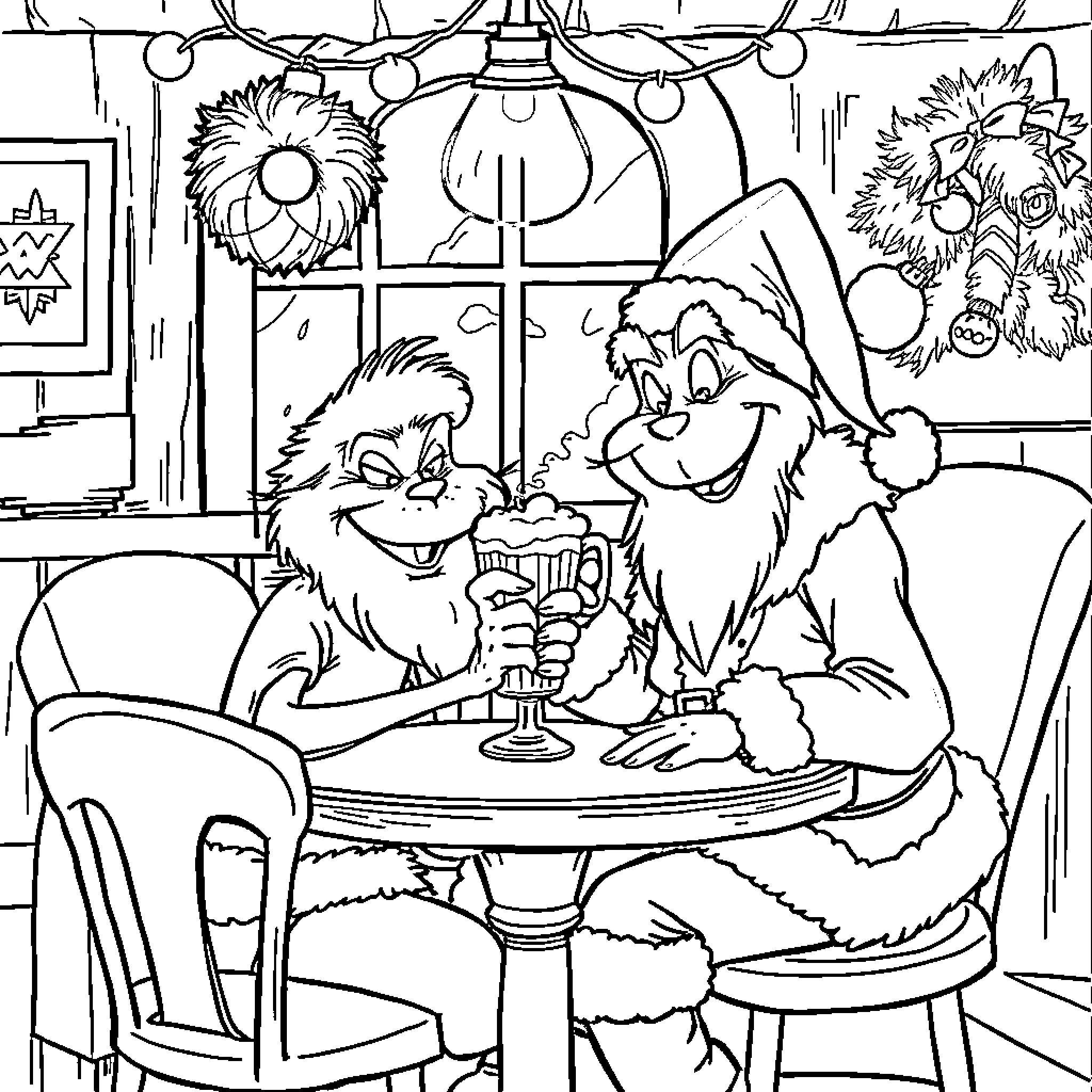Santa's Merry Elves Enjoying Holiday Cheer Coloring Page (free black-and-white line drawing printable PDF for all, from beginners to advanced learners, including children, teens, adults, and seniors)