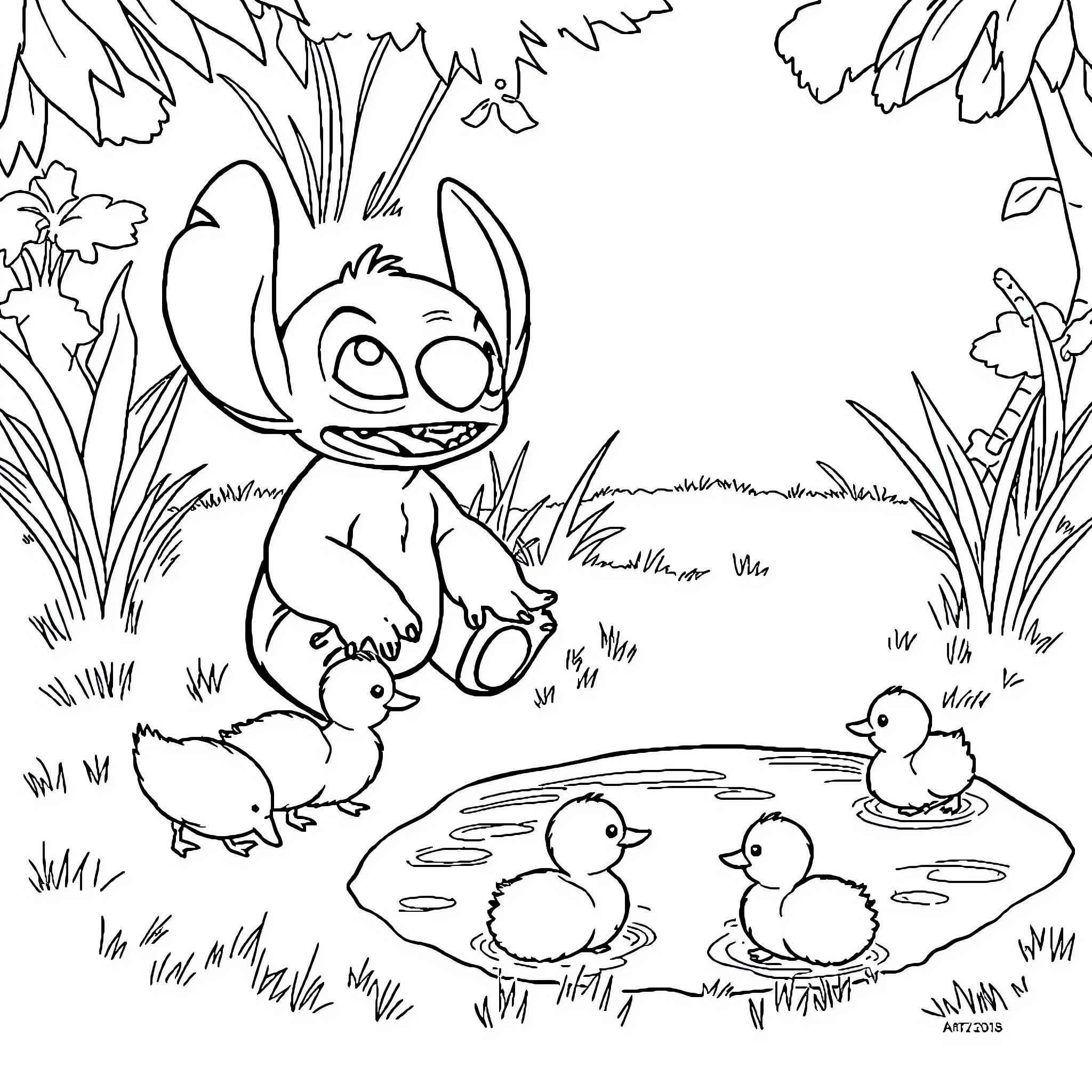 Lilo Stitch Explores Nature with Ducklings Coloring Page (free black-and-white line drawing printable PDF for all, from beginners to advanced learners, including children, teens, adults, and seniors)