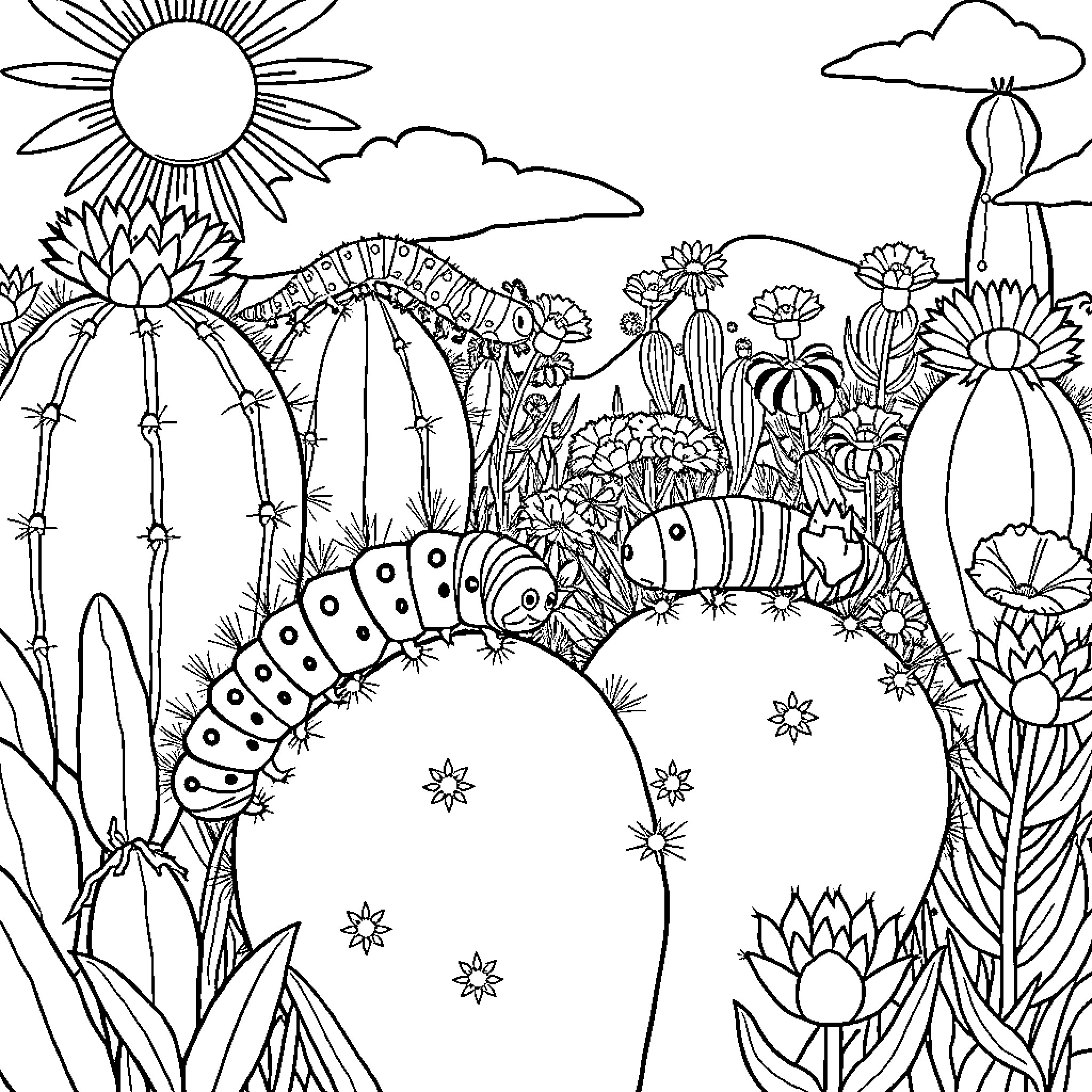 Caterpillar exploring the whimsical garden Coloring Page (free black-and-white line drawing printable PDF for all, from beginners to advanced learners, including children, teens, adults, and seniors)