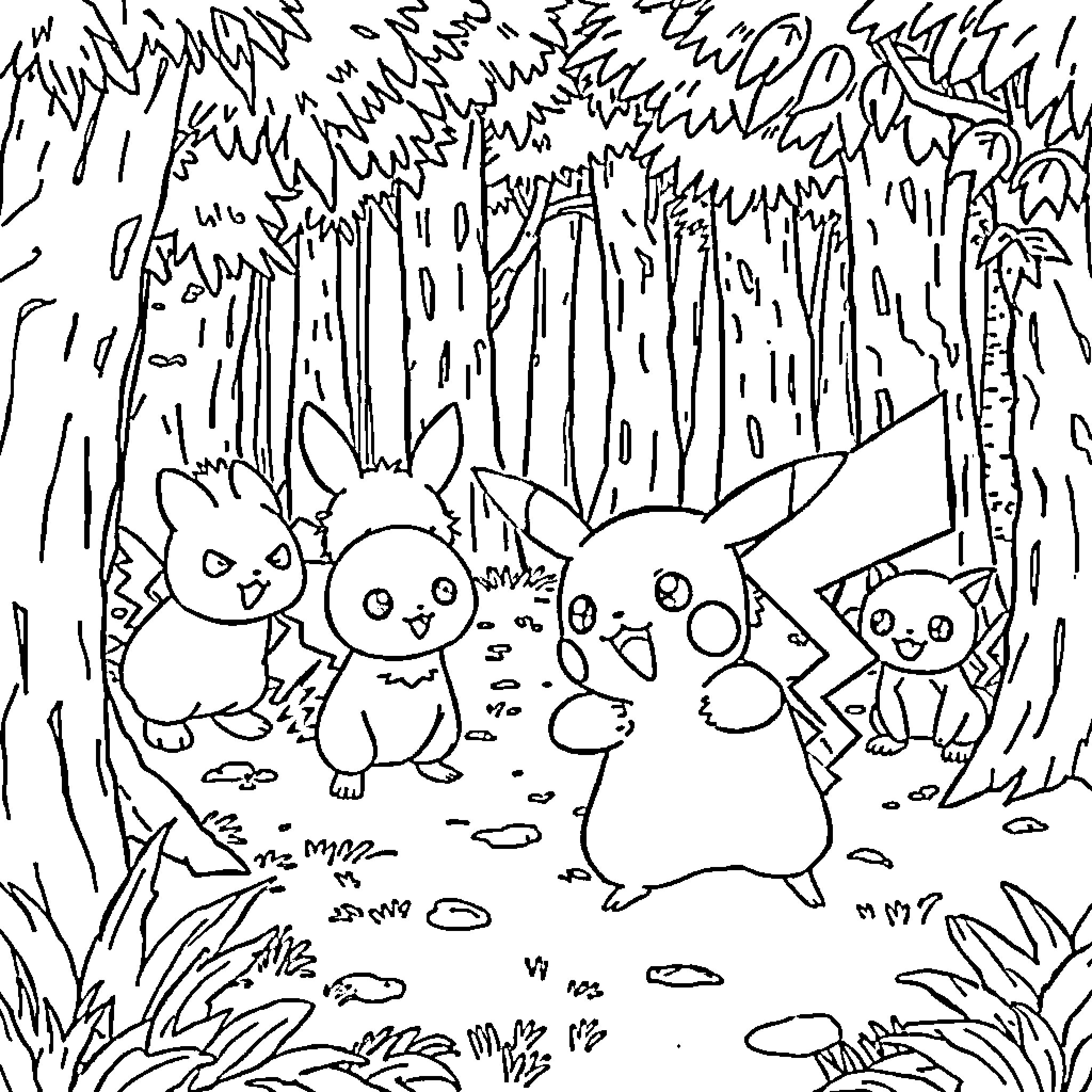 Pikachu playing happily with friends in a forest Coloring Page (free black-and-white line drawing printable PDF for all, from beginners to advanced learners, including children, teens, adults, and seniors)