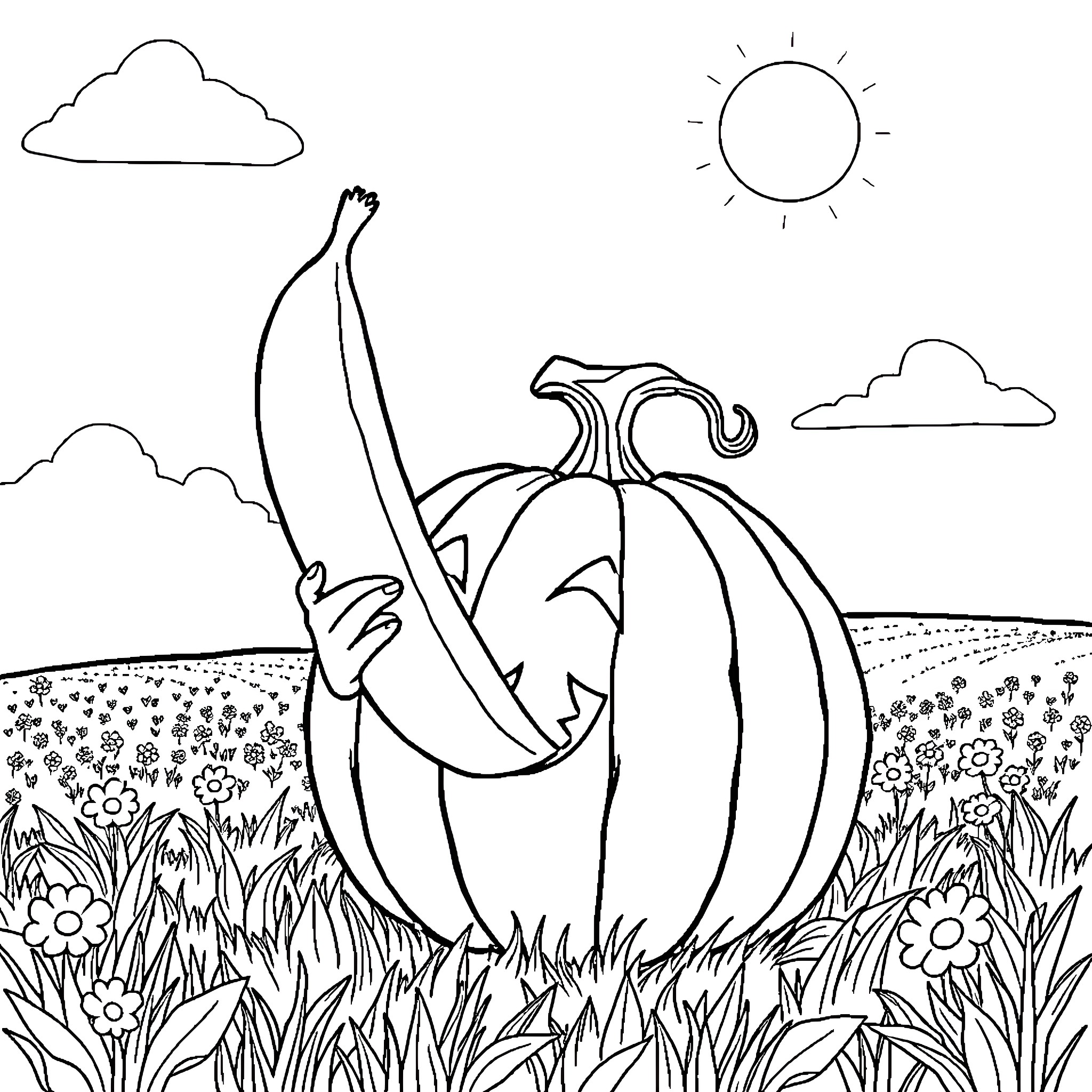 Pumpkin waving in a serene outdoor scene Coloring Page (free black-and-white line drawing printable PDF for all, from beginners to advanced learners, including children, teens, adults, and seniors)