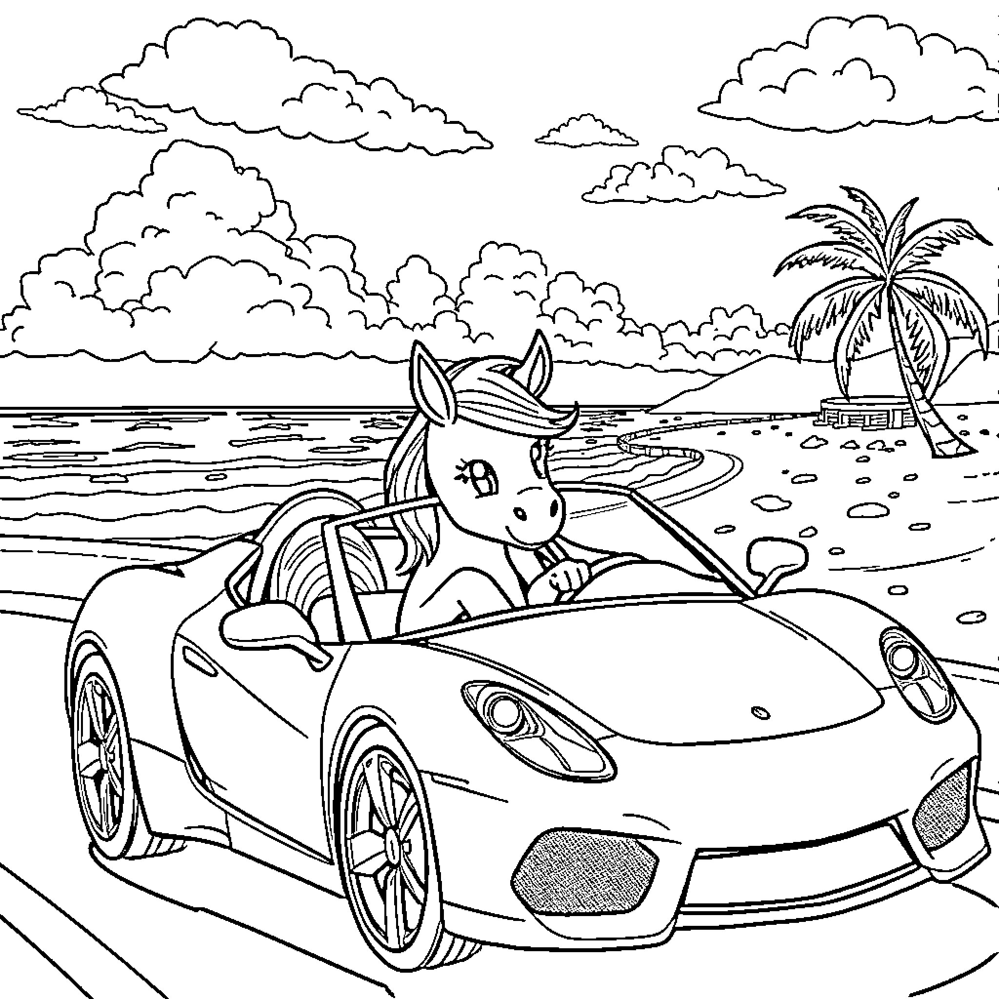Pony driving a sports car on the beach Coloring Page (free black-and-white line drawing printable PDF for all, from beginners to advanced learners, including children, teens, adults, and seniors)