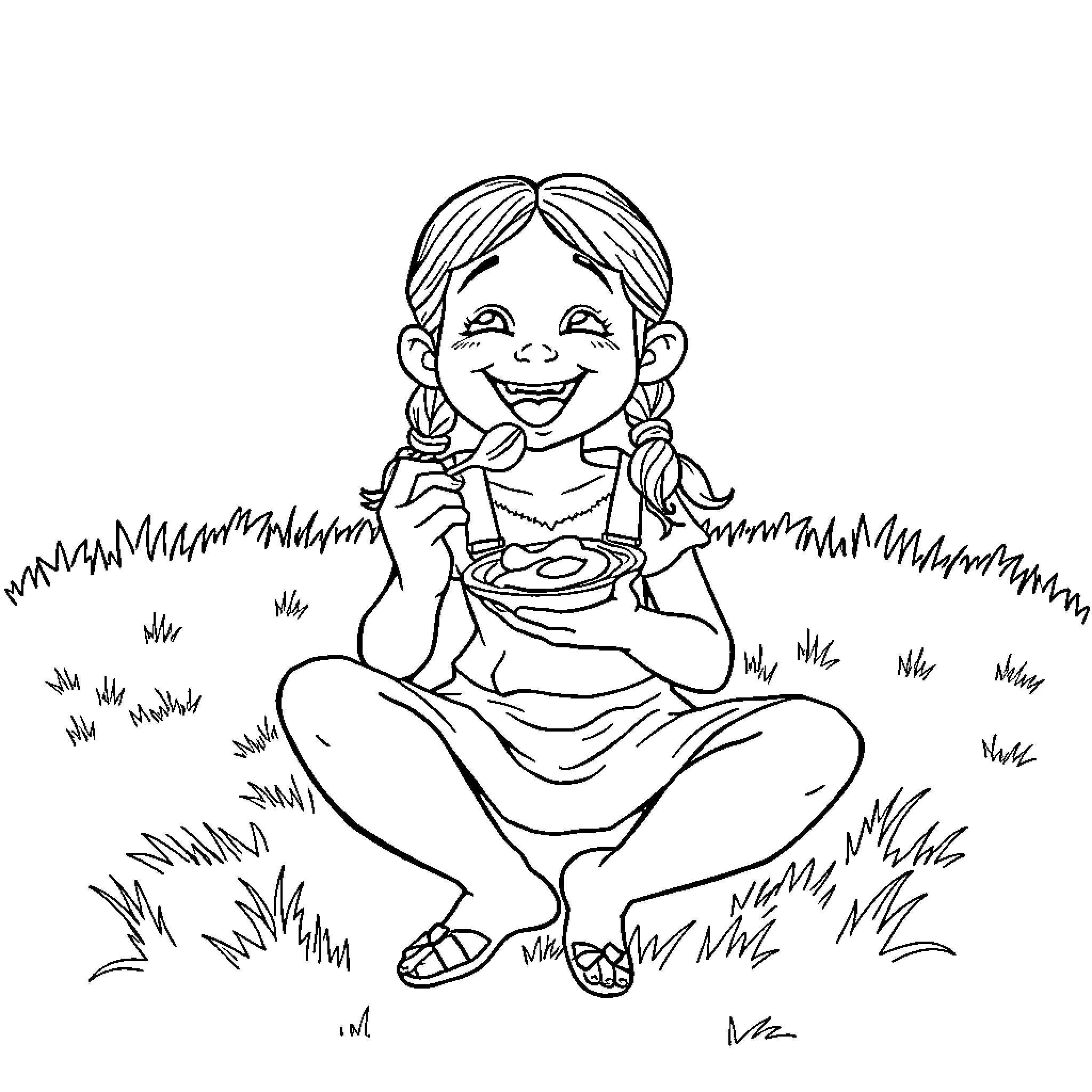 Hillbilly Girl Happily Eating in the Grass Coloring Page (free black-and-white line drawing printable PDF for all, from beginners to advanced learners, including children, teens, adults, and seniors)