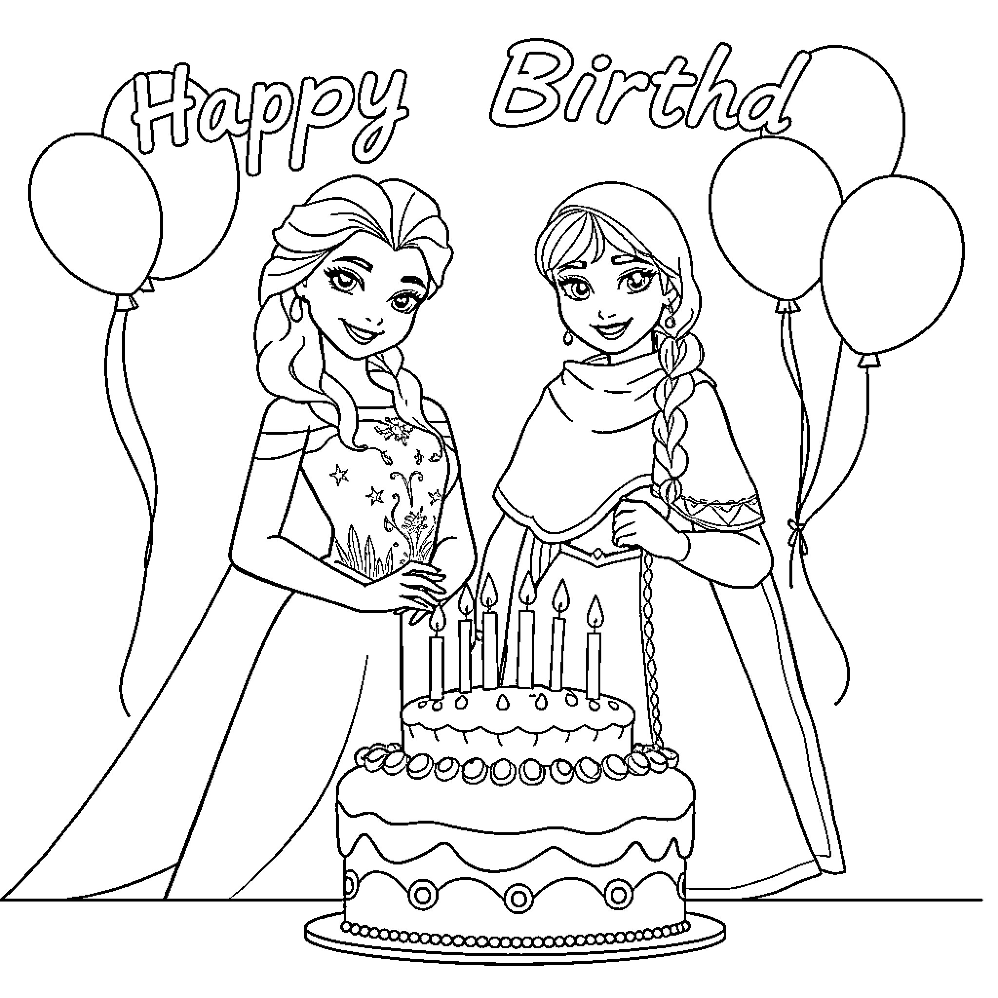 Elsa and Anna Celebrate a Birthday Coloring Page (free black-and-white line drawing printable PDF for all, from beginners to advanced learners, including children, teens, adults, and seniors)