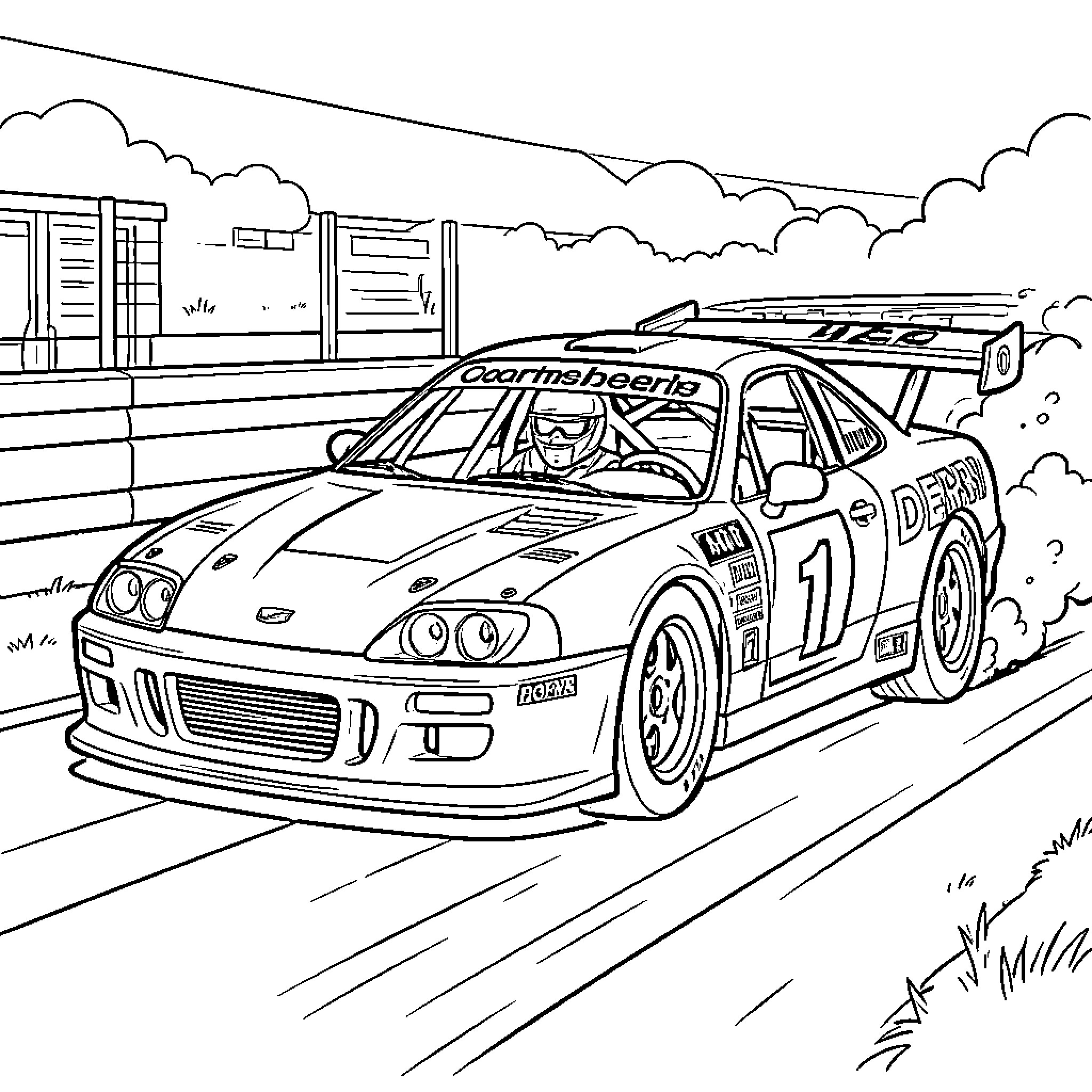 Derby Car speeding fast around a racetrack corner Coloring Page (free black-and-white line drawing printable PDF for all, from beginners to advanced learners, including children, teens, adults, and seniors)
