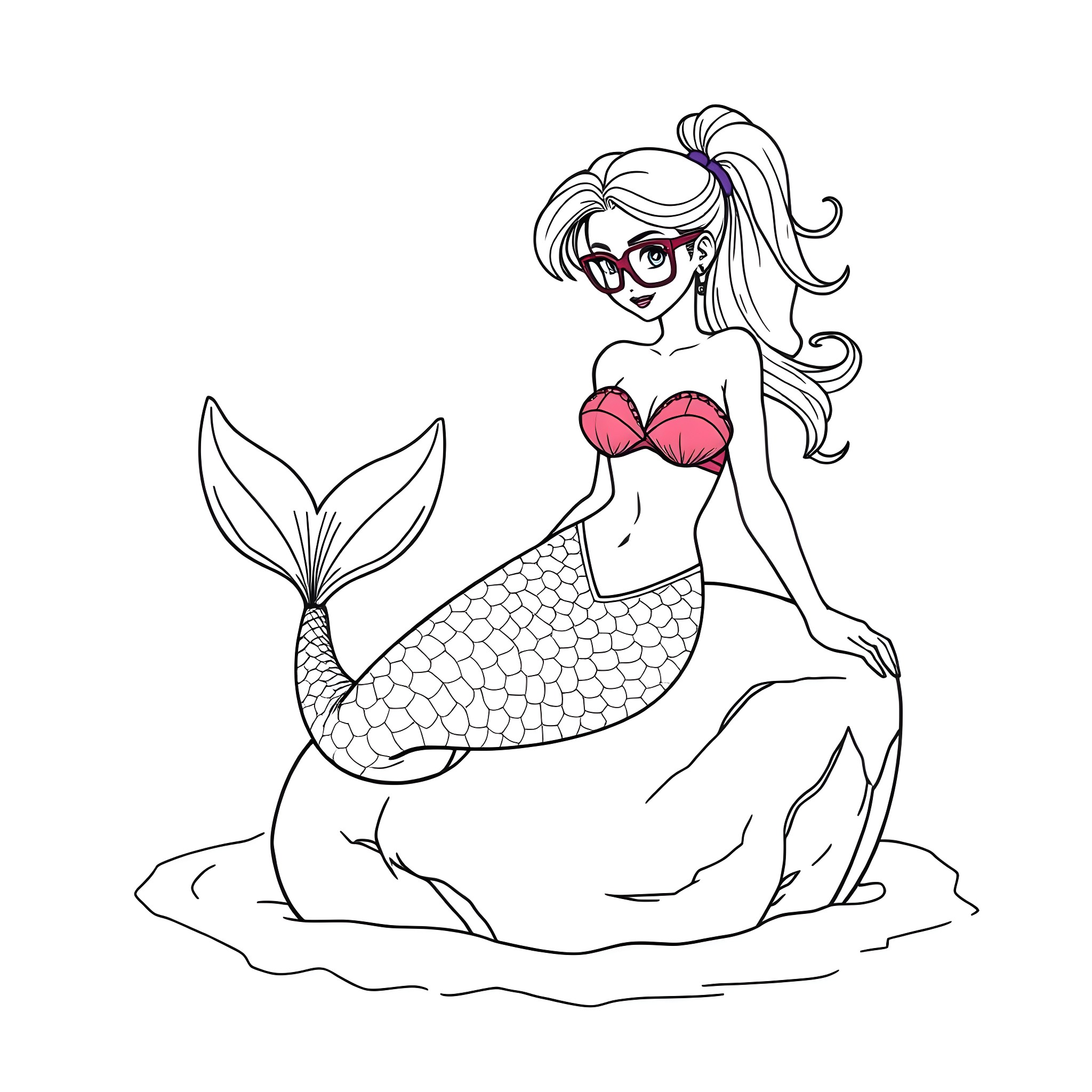 Mermaid in a pink bikini top posing on rocks Coloring Page (free black-and-white line drawing printable PDF for all, from beginners to advanced learners, including children, teens, adults, and seniors)