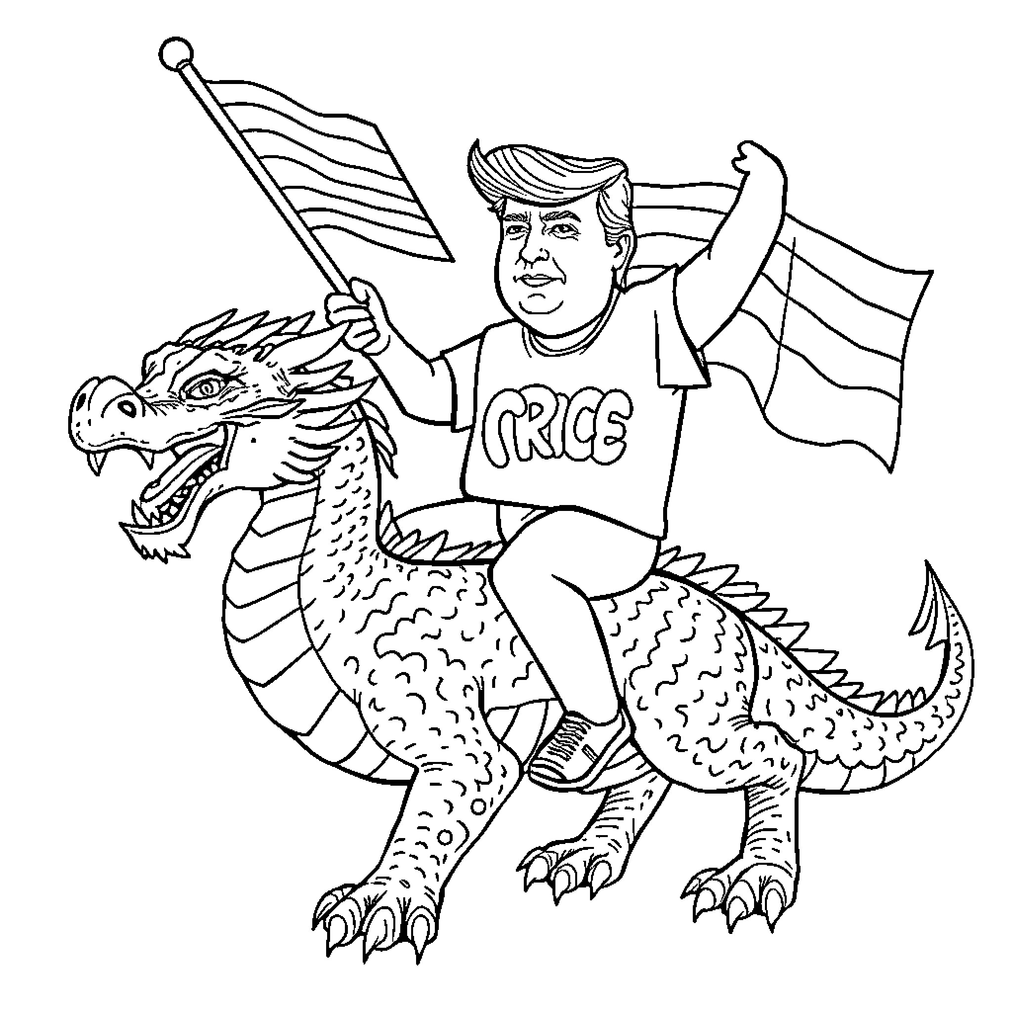 Donald Trump riding a dragon and waving a flag Coloring Page (free black-and-white line drawing printable PDF for all, from beginners to advanced learners, including children, teens, adults, and seniors)