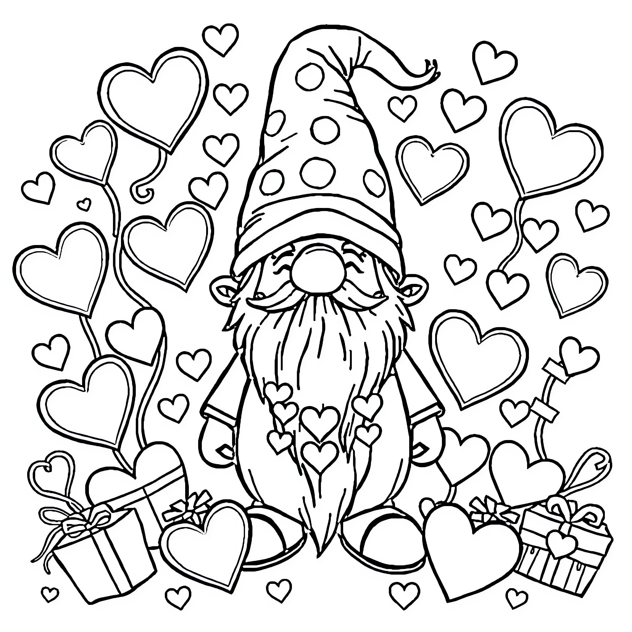 Gnome surrounded by hearts and gifts Coloring Page (free black-and-white line drawing printable PDF for all, from beginners to advanced learners, including children, teens, adults, and seniors)