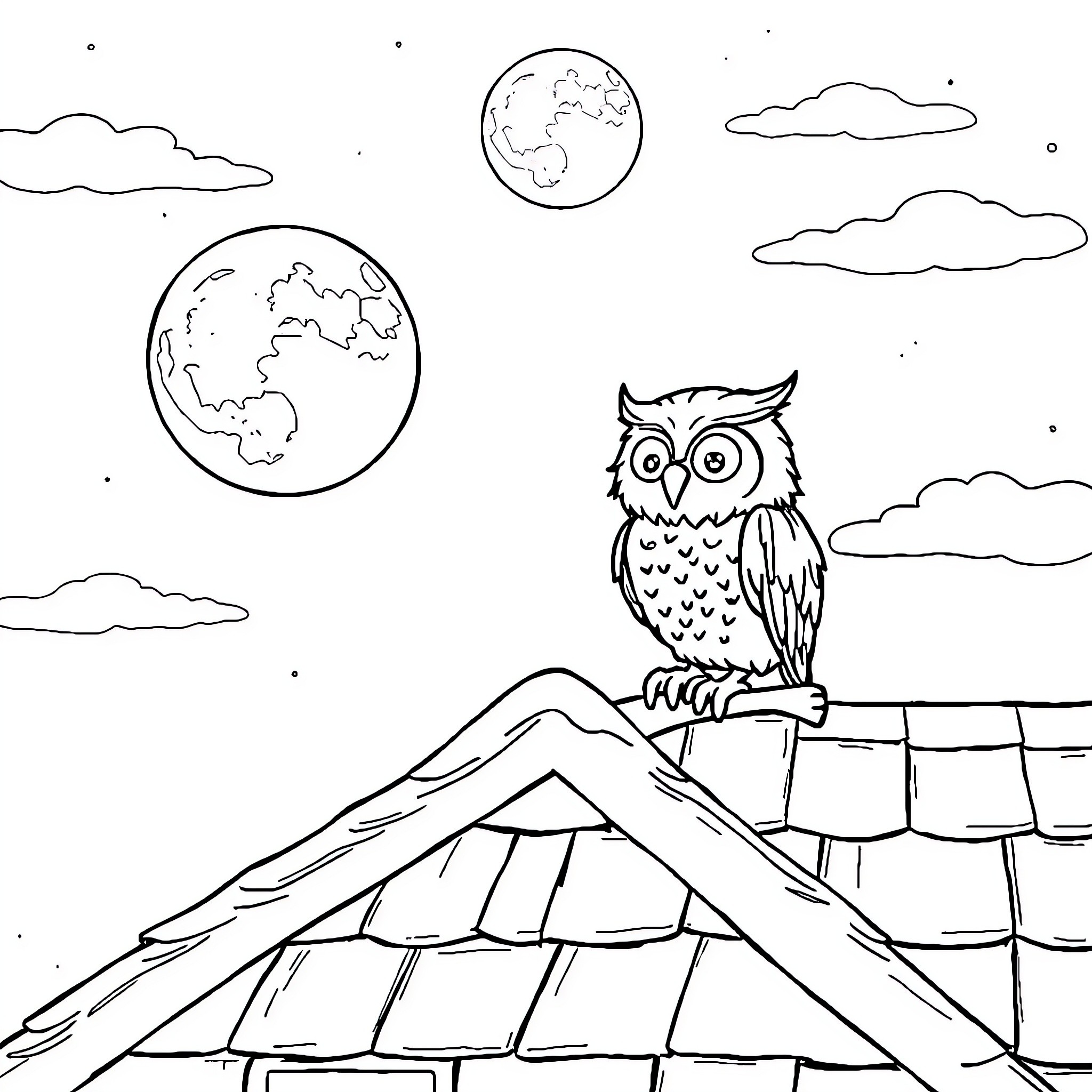 Owl perched on rooftop under the moonlight Coloring Page (free black-and-white line drawing printable PDF for all, from beginners to advanced learners, including children, teens, adults, and seniors)