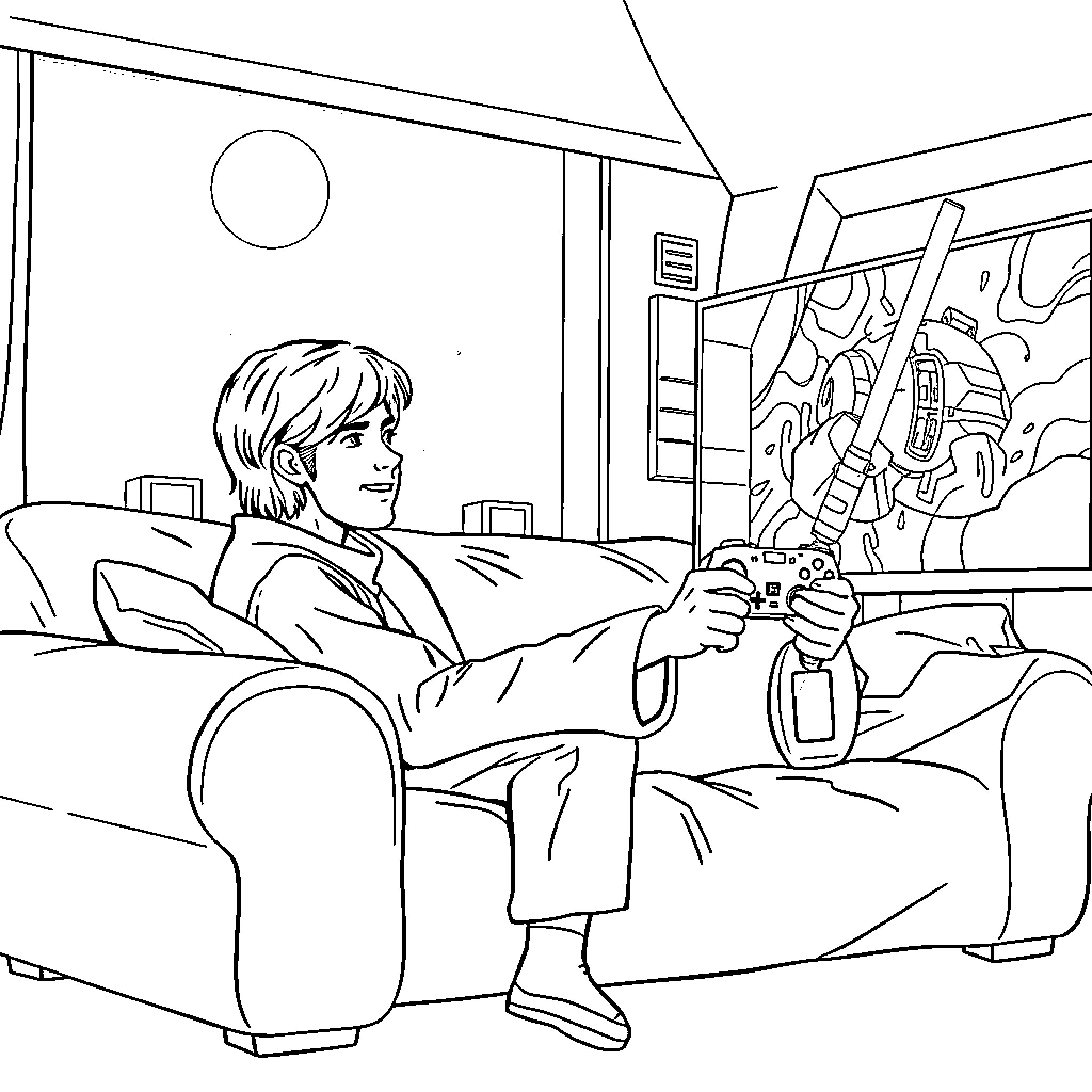 Luke Skywalker relaxing and playing video game Coloring Page (free black-and-white line drawing printable PDF for all, from beginners to advanced learners, including children, teens, adults, and seniors)