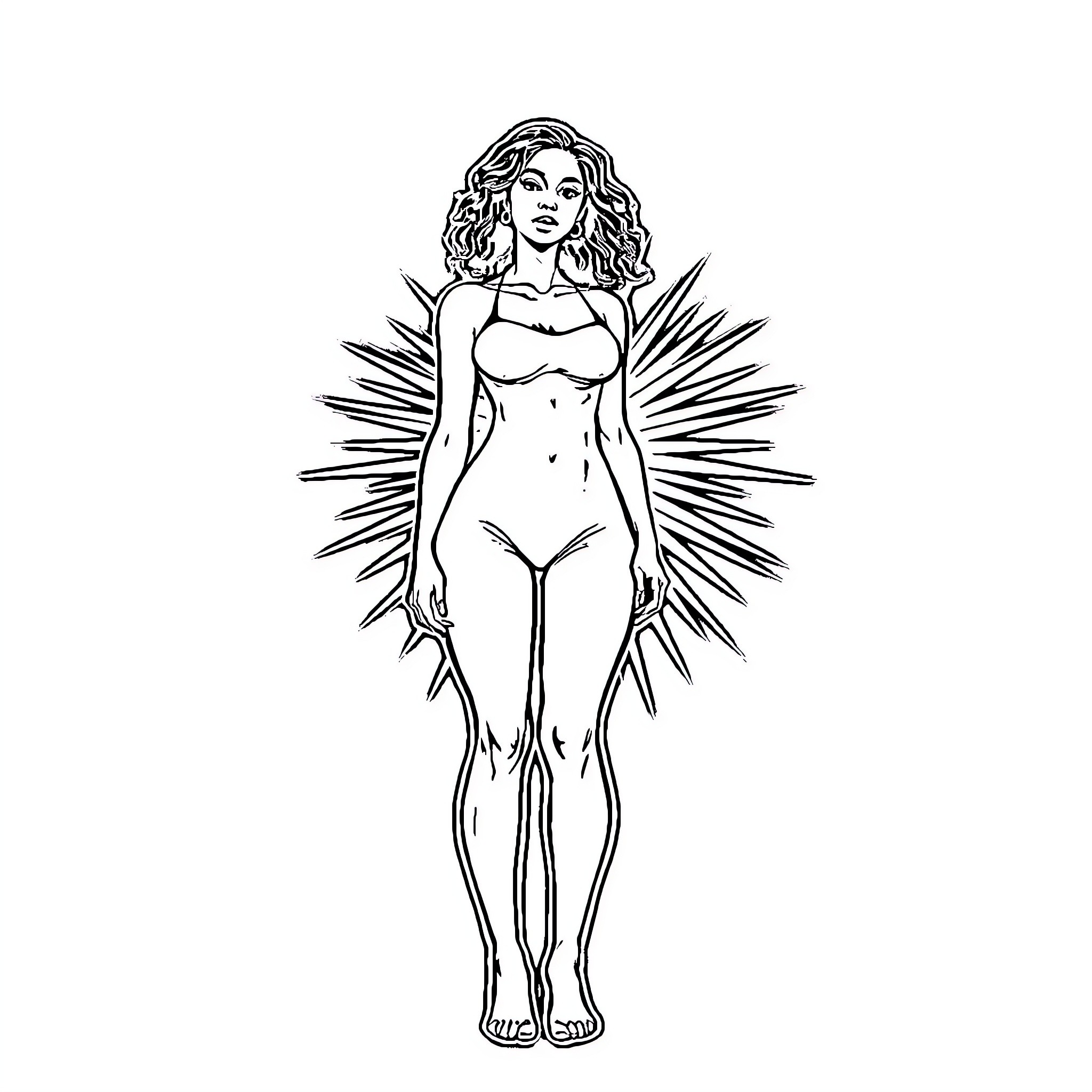 Woman depicted in stylized artistic rendering Coloring Page (free black-and-white line drawing printable PDF for all, from beginners to advanced learners, including children, teens, adults, and seniors)