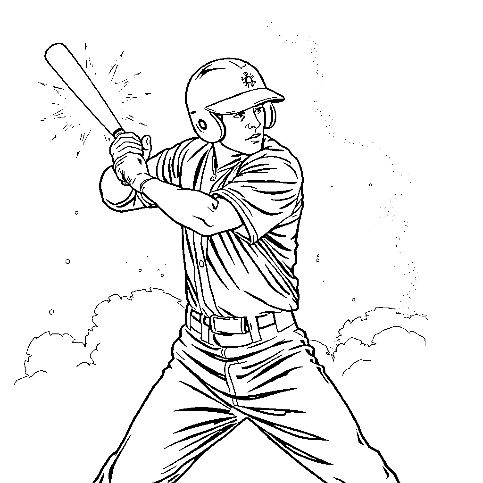 Baseball Player Batting with Determination Coloring Page (free black-and-white line drawing printable PDF for all, from beginners to advanced learners, including children, teens, adults, and seniors)