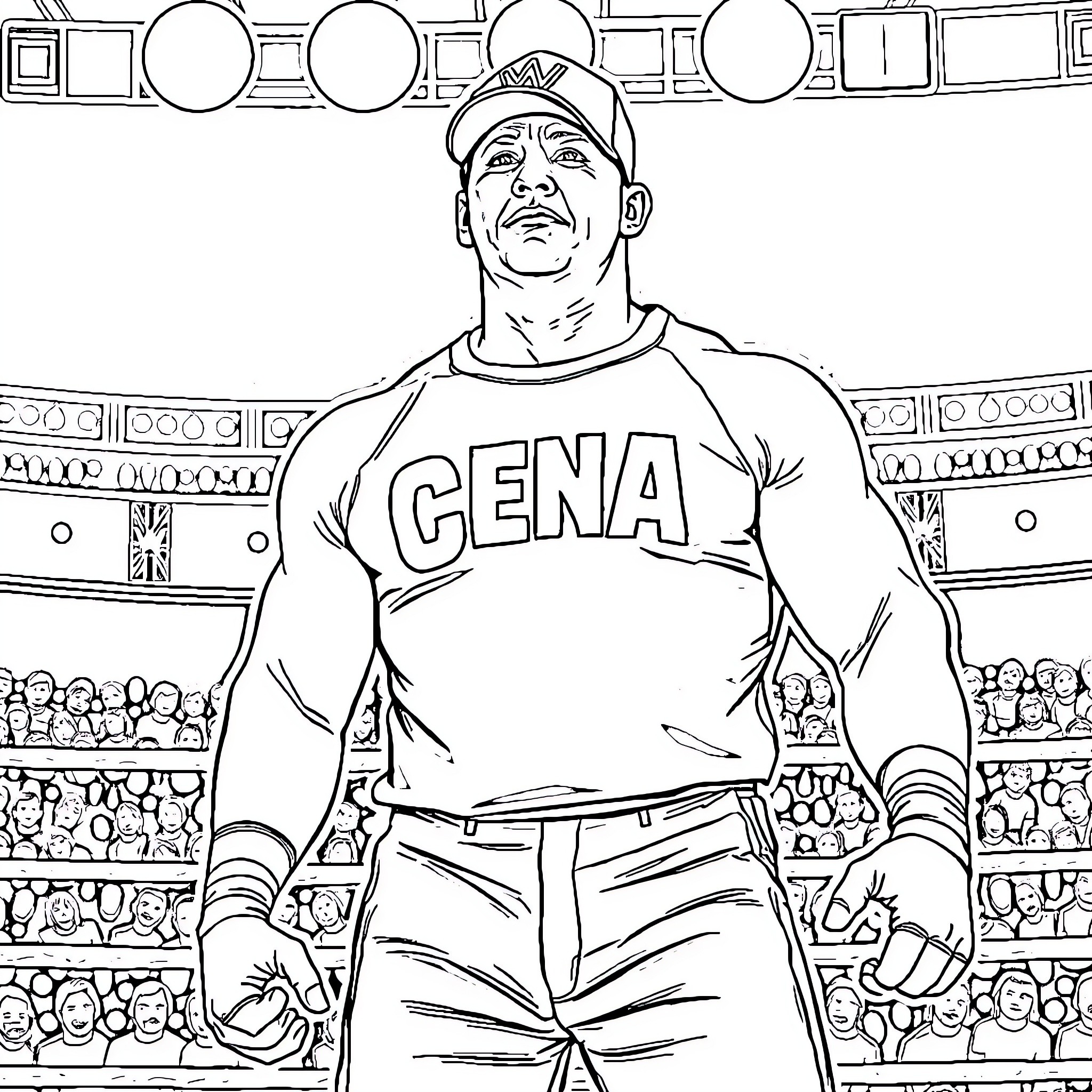 John Cena performing in a wrestling arena Coloring Page (free black-and-white line drawing printable PDF for all, from beginners to advanced learners, including children, teens, adults, and seniors)