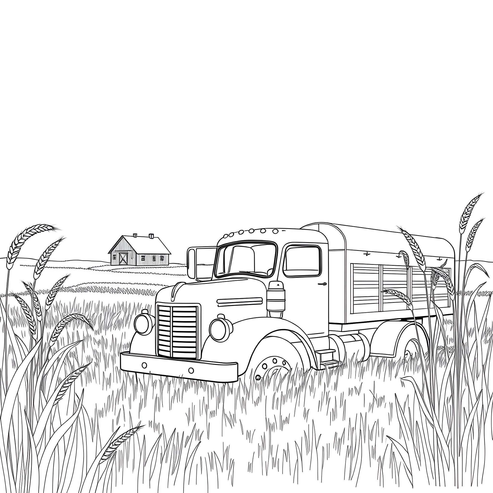 Grain Pickup Truck in Rural Farmland Scene Coloring Page (free black-and-white line drawing printable PDF for all, from beginners to advanced learners, including children, teens, adults, and seniors)
