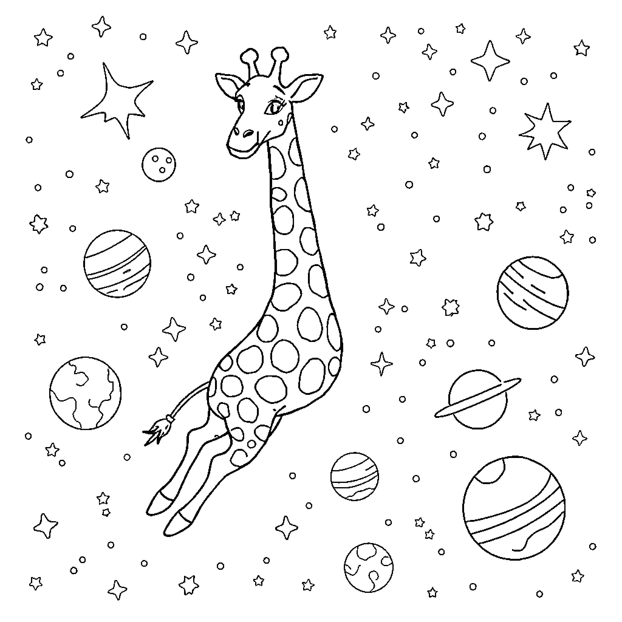 Giraffe among the cosmic stars Coloring Page (free black-and-white line drawing printable PDF for all, from beginners to advanced learners, including children, teens, adults, and seniors)