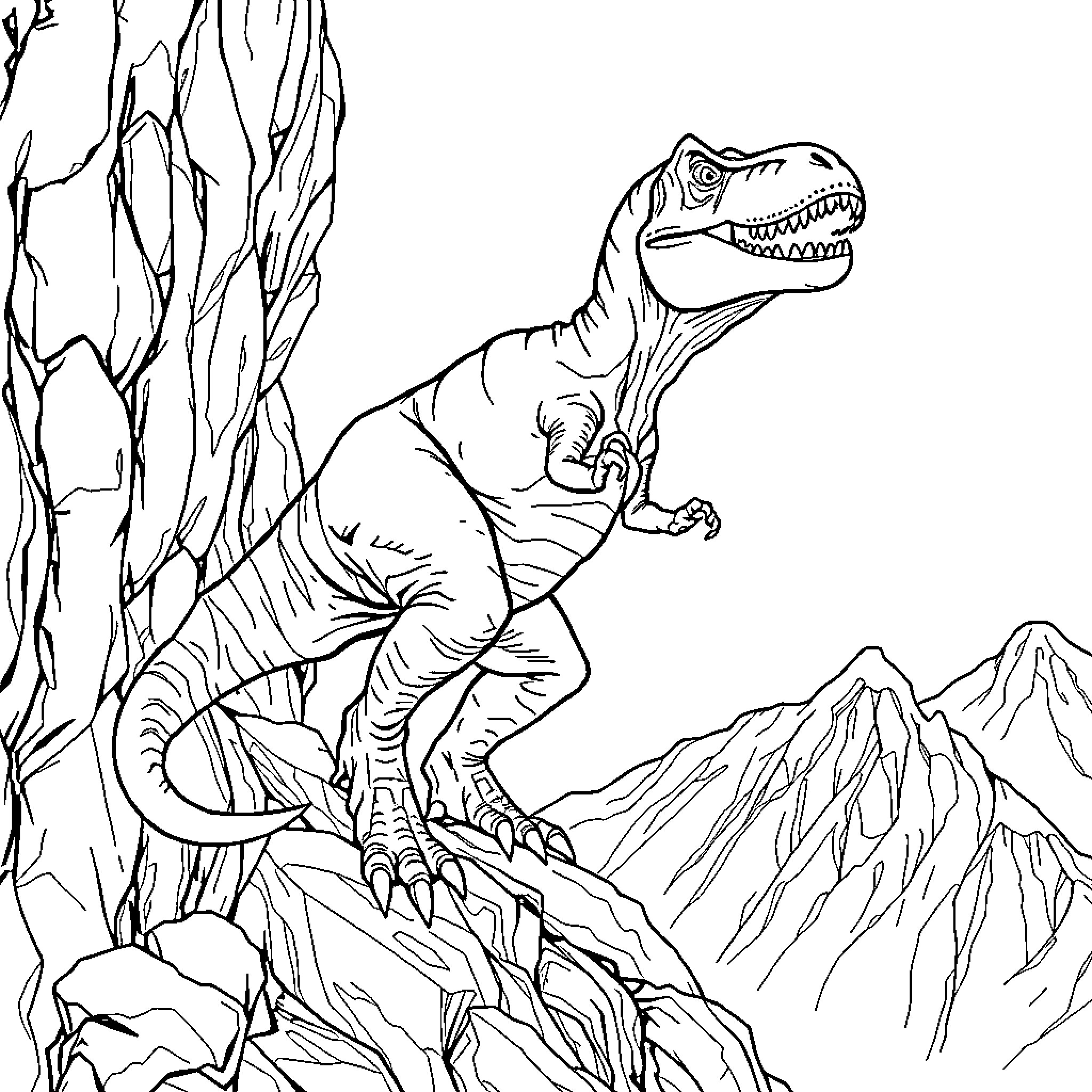 T-Rex Roaring Powerfully in Rocky Landscape Coloring Page (free black-and-white line drawing printable PDF for all, from beginners to advanced learners, including children, teens, adults, and seniors)