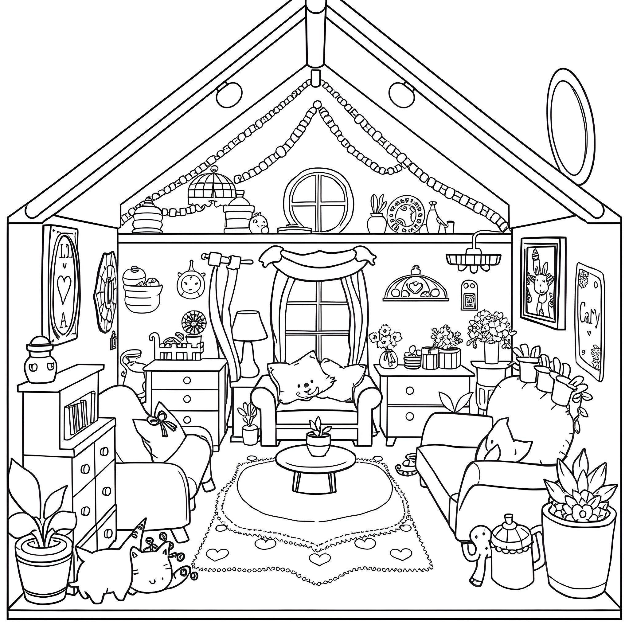 Gabby Dollhouse: Cozy and Whimsical Dollhouse Interior Coloring Page (free black-and-white line drawing printable PDF for all, from beginners to advanced learners, including children, teens, adults, and seniors)