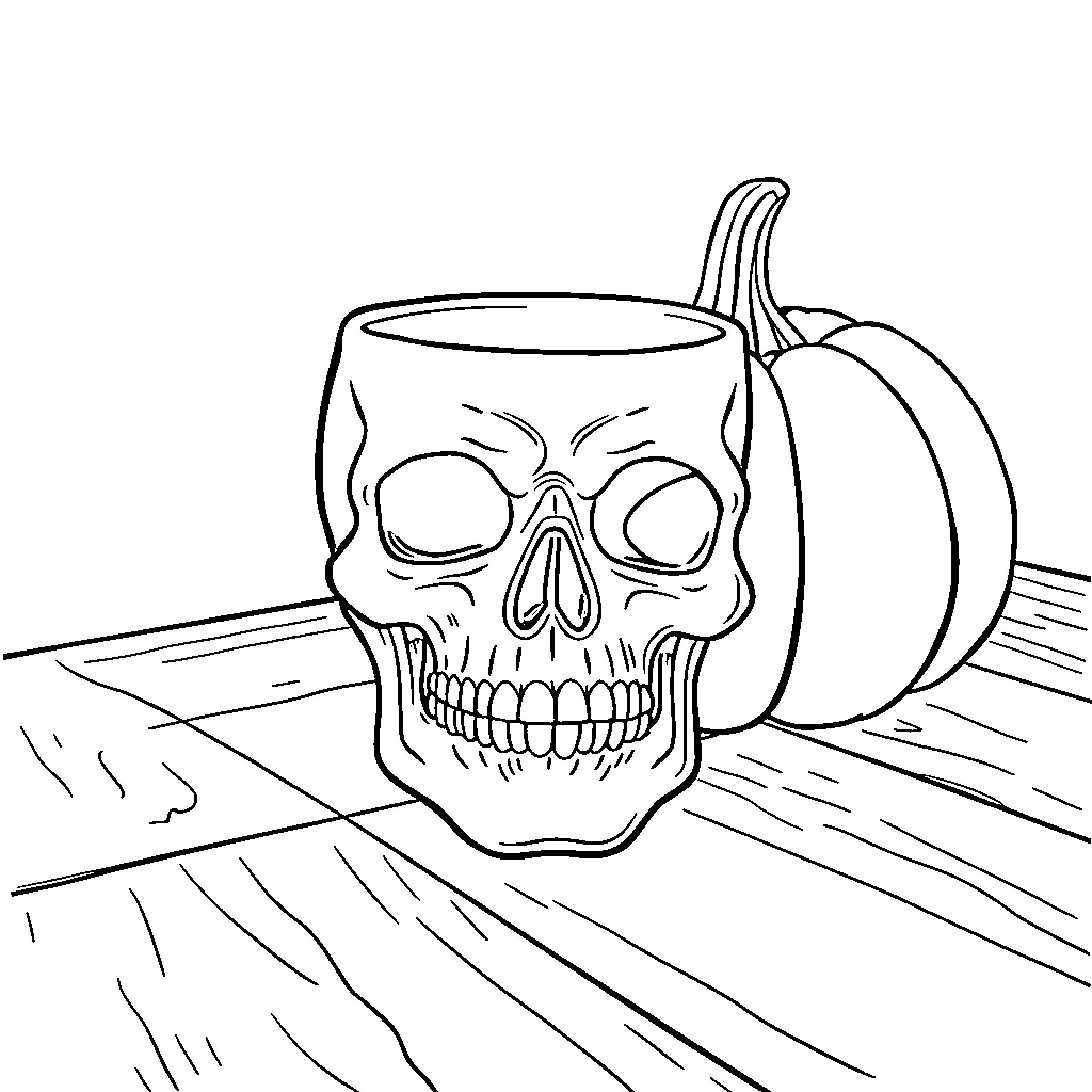 Skull with Pumpkin Cup Coloring Page (free black-and-white line drawing printable PDF for all, from beginners to advanced learners, including children, teens, adults, and seniors)